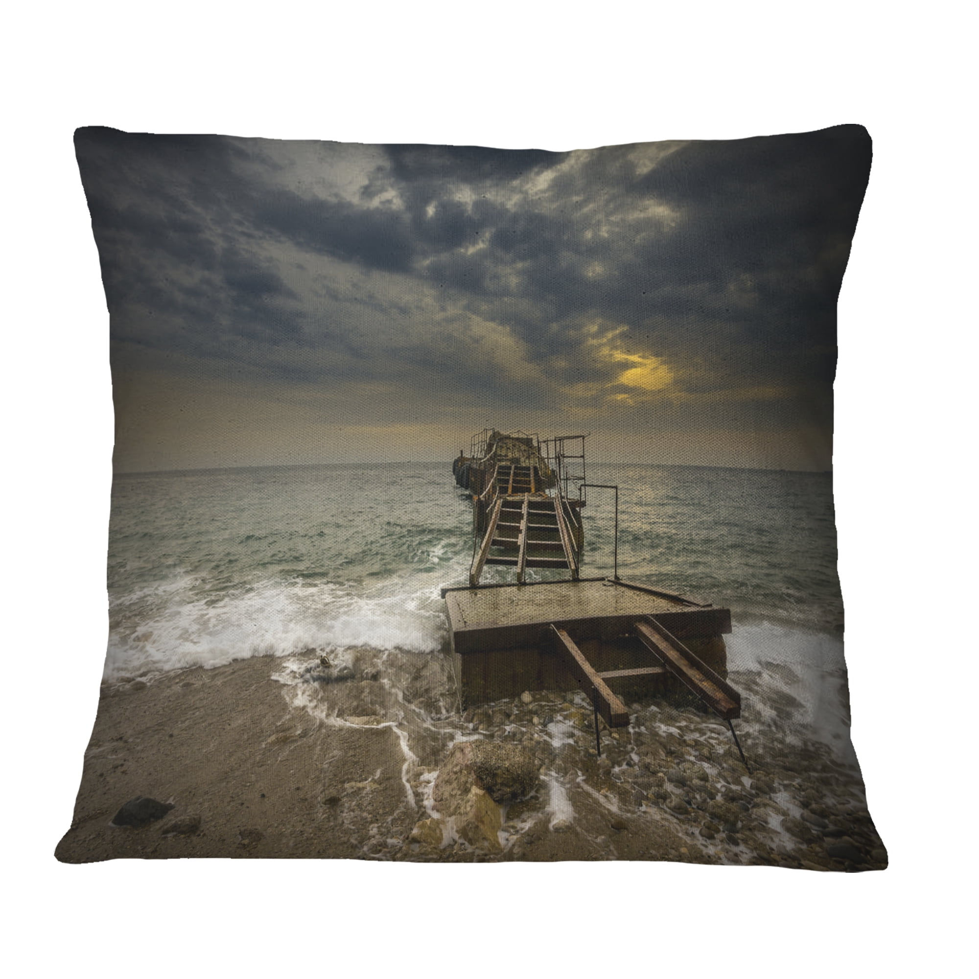Designart Ruined Wooden Pier for Boats at Sunset - Sea Bridge Throw Pillow - 12x20