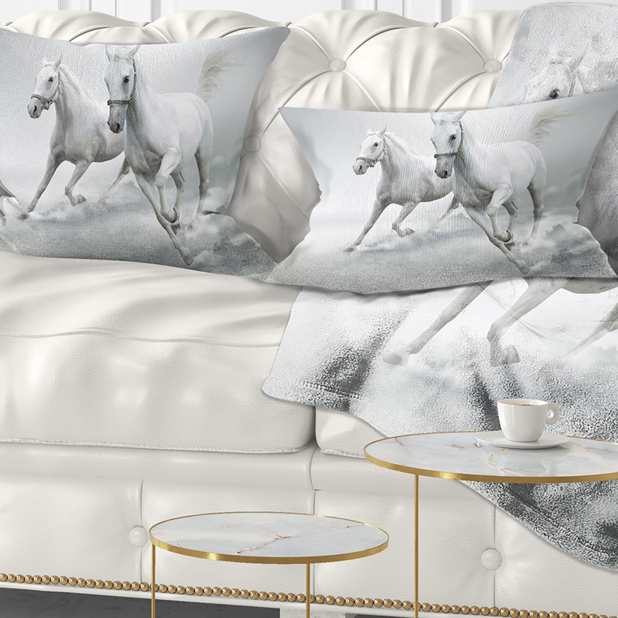 Designart Running White Horses - Animal Throw Pillow - 12x20