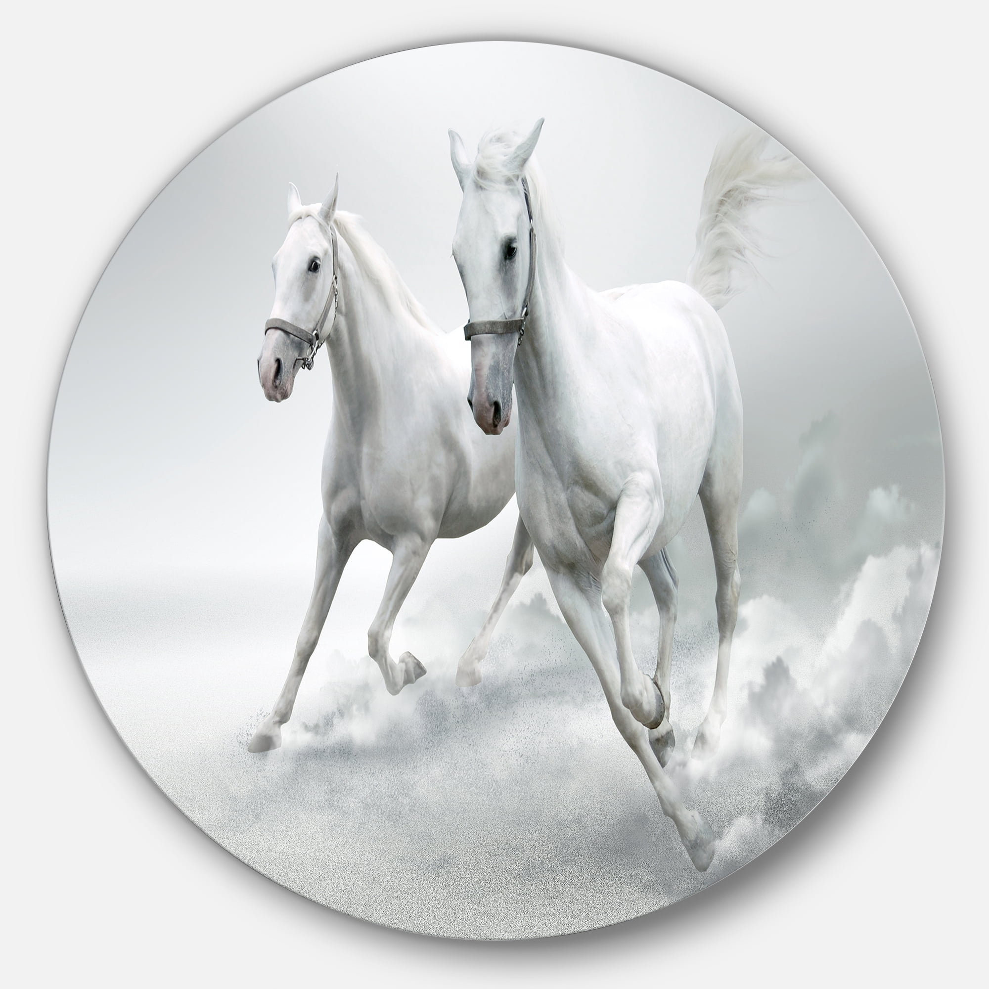 Designart 'Running White Horses' Ultra Glossy Animal Oversized Metal Circle Wall Art