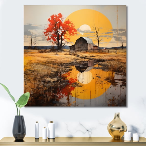Designart "Rural Barns in Dot Art II" Countryside Wall Art Living Room