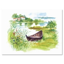 Designart ' Rural Green Landscape With Boat In Lake ' Lake House Canvas Wall Art Print