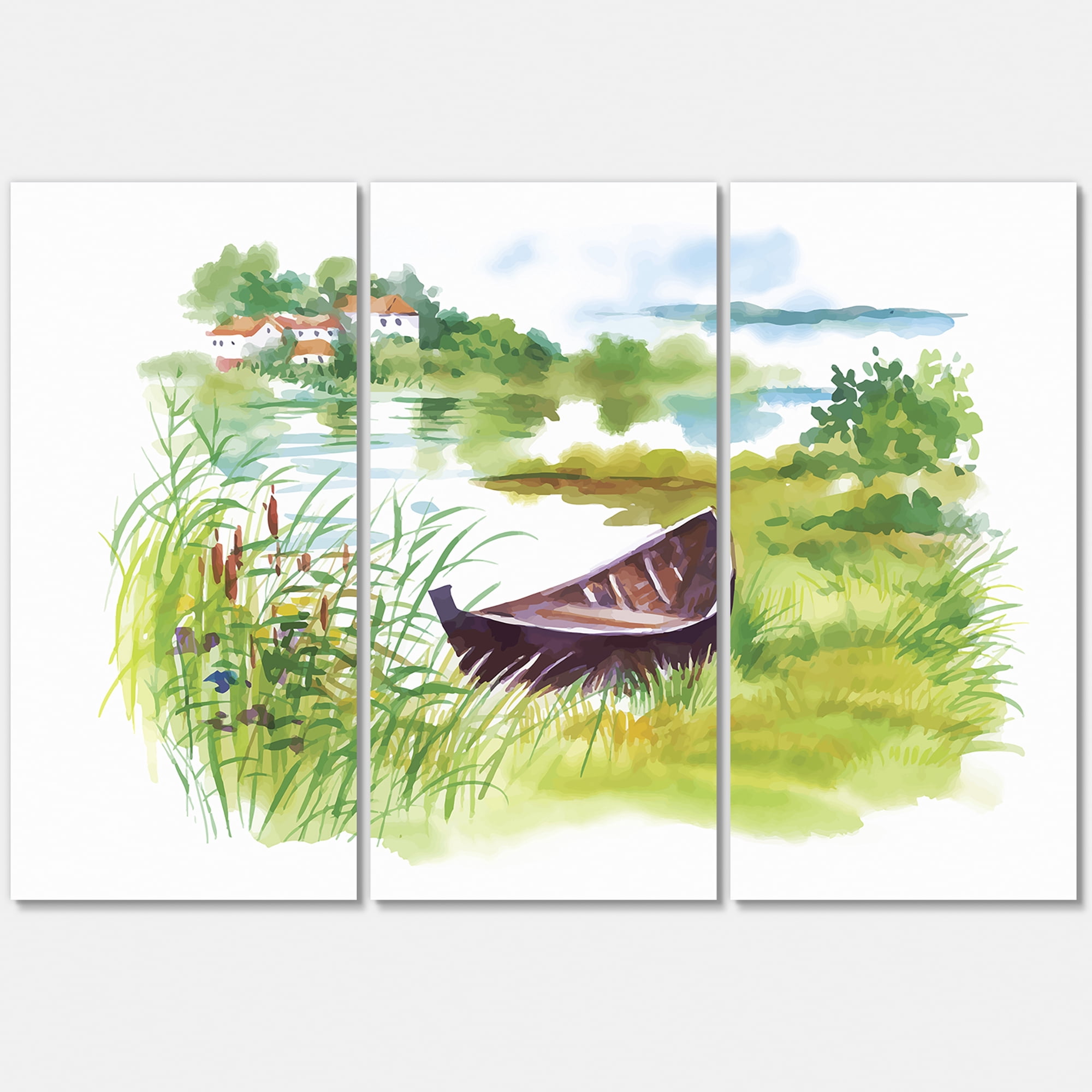 Designart ' Rural Green Landscape With Boat In Lake ' Lake House Canvas Wall Art Print
