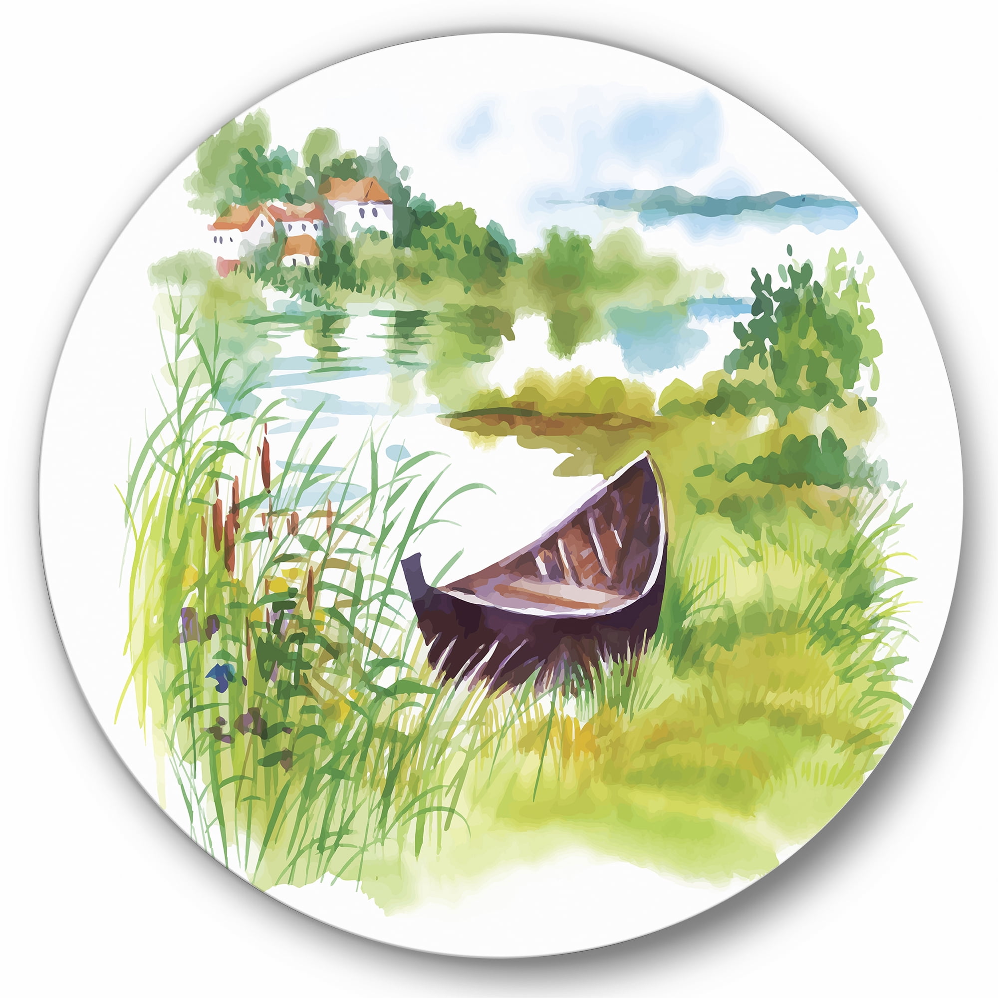 Designart 'Rural Green Landscape With Boat In Lake' Lake House Circle Metal Wall Art 23x23 - Disc of 23