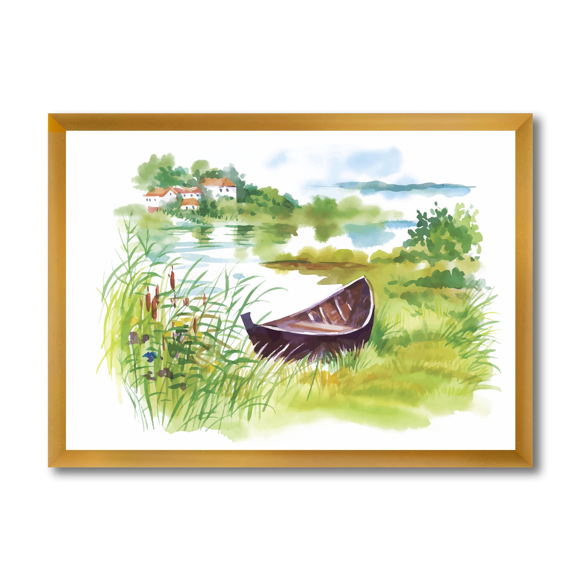 Designart 'Rural Green Landscape With Boat In Lake' Lake House Framed Art Print