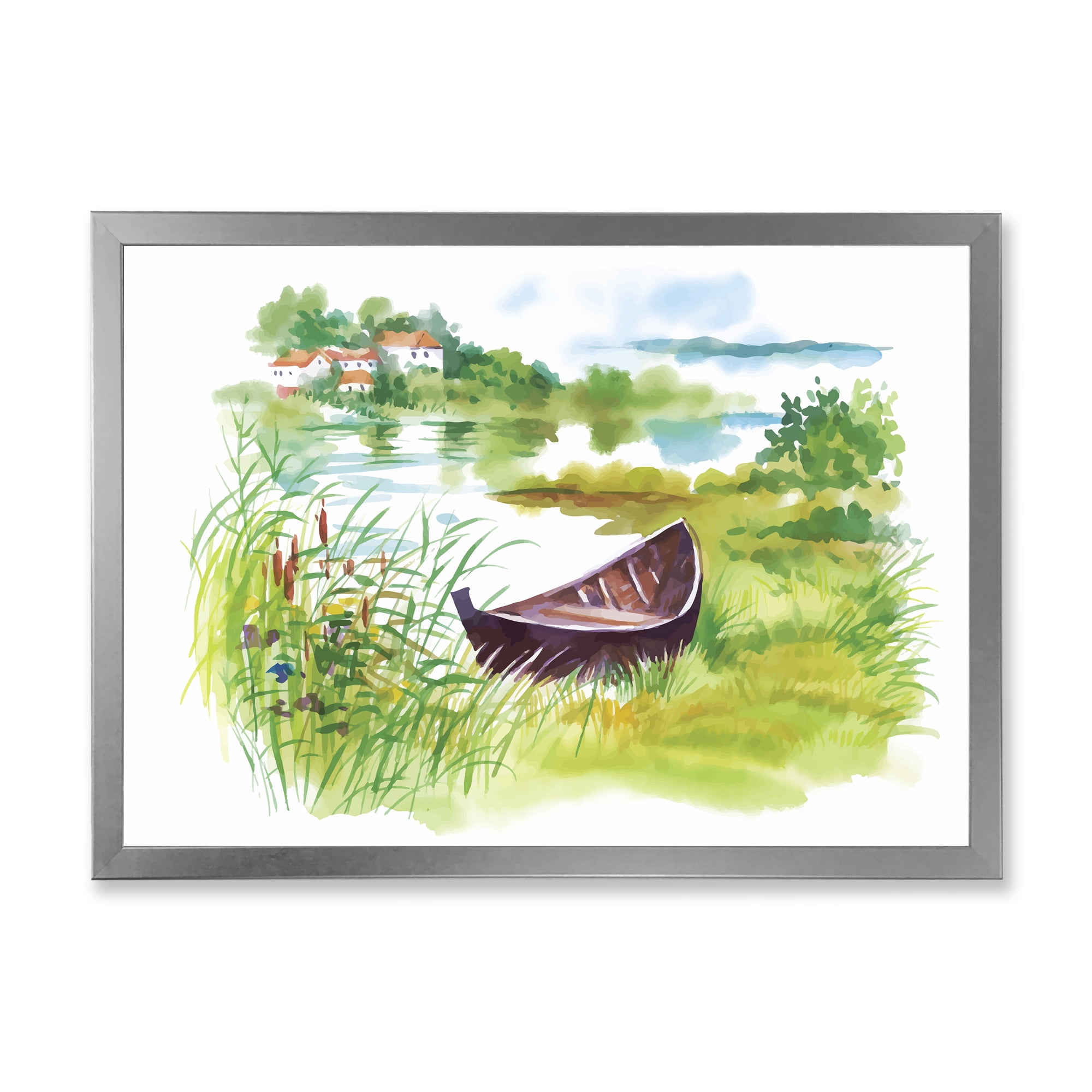 Designart 'Rural Green Landscape With Boat In Lake' Lake House Framed Art Print