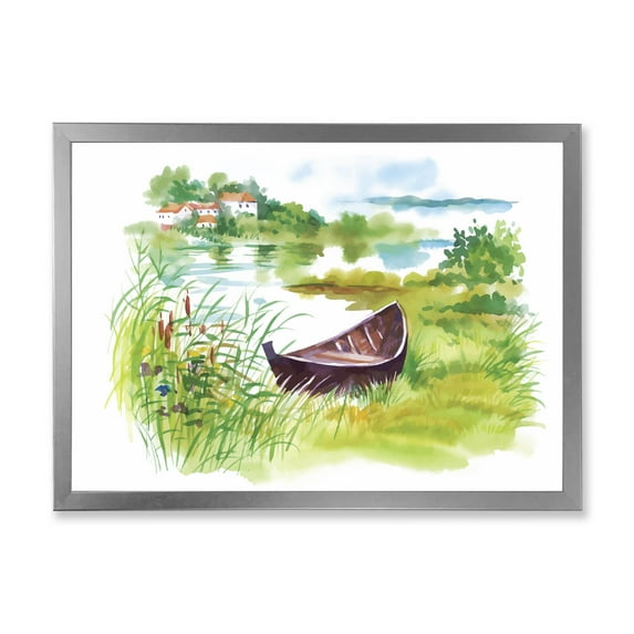 Designart 'Rural Green Landscape With Boat In Lake' Lake House Framed Art Print