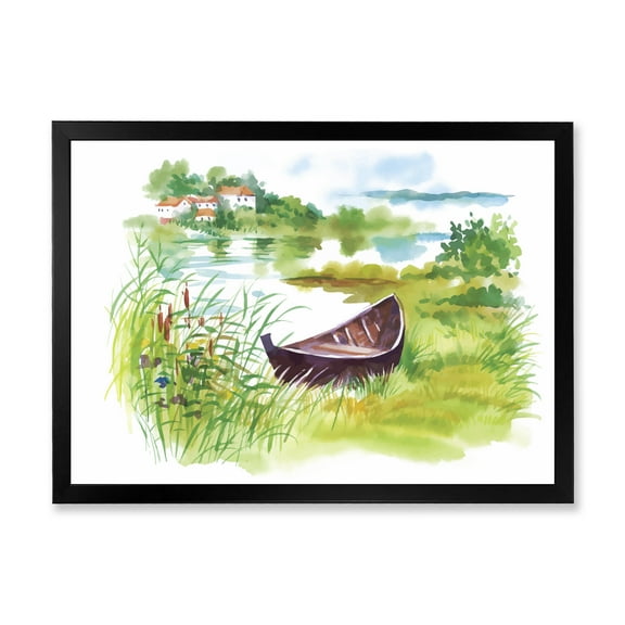 Designart 'Rural Green Landscape With Boat In Lake' Lake House Framed Art Print