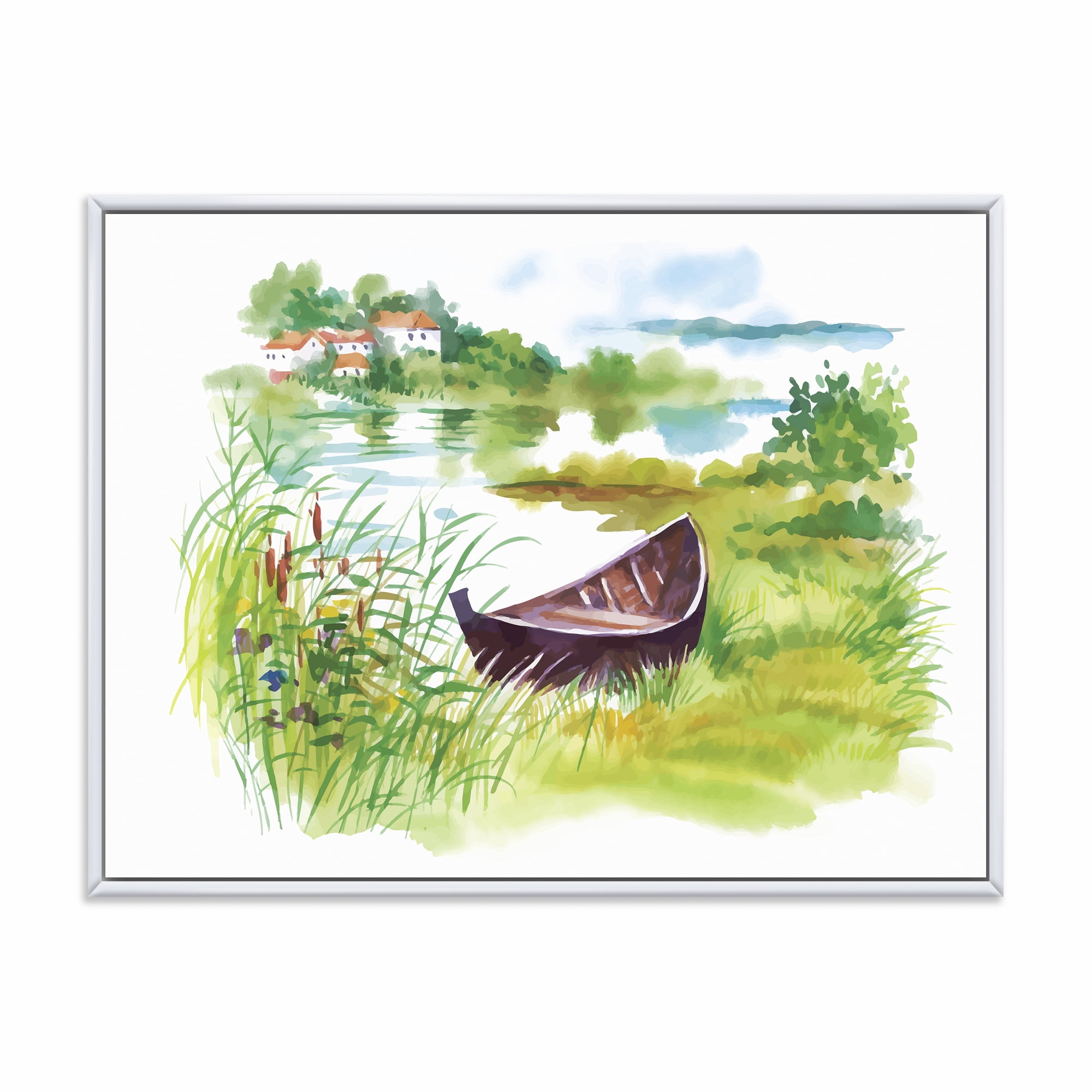 Designart 'Rural Green Landscape With Boat In Lake' Lake House Framed Canvas Wall Art Print