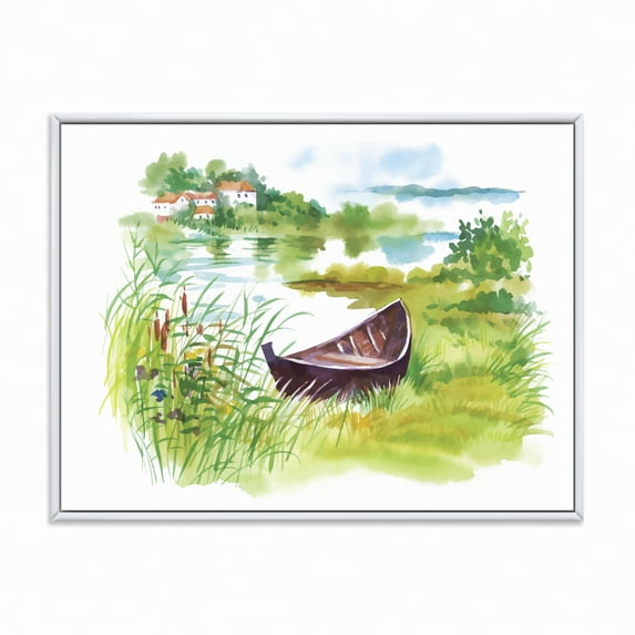 Designart 'Rural Green Landscape With Boat In Lake' Lake House Framed Canvas Wall Art Print
