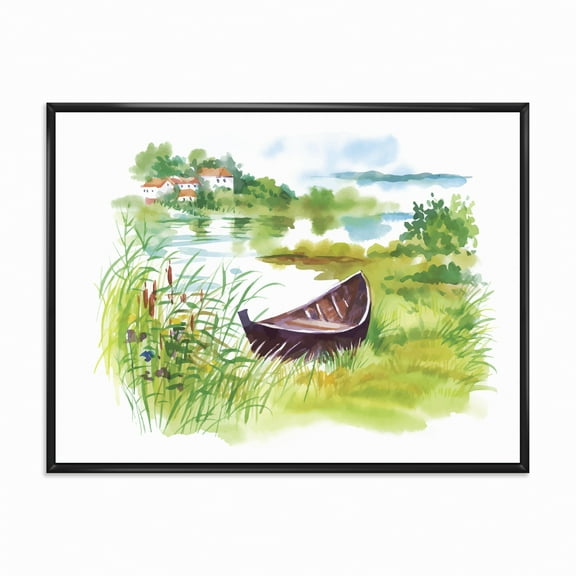 Designart 'Rural Green Landscape With Boat In Lake' Lake House Framed Canvas Wall Art Print