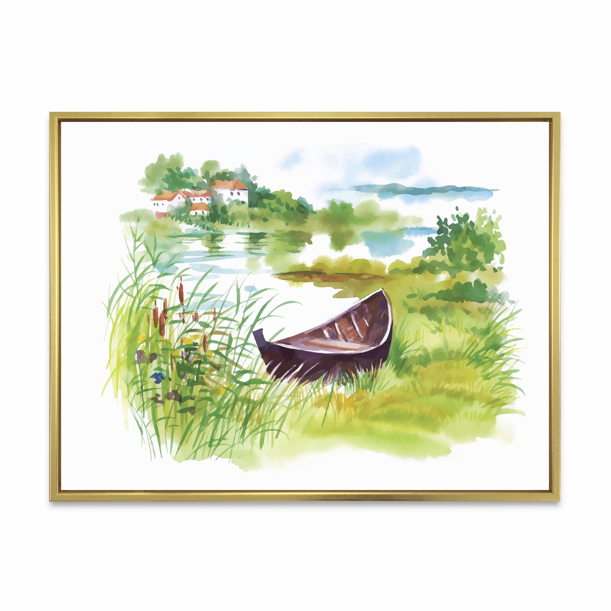 Designart 'Rural Green Landscape With Boat In Lake' Lake House Framed Canvas Wall Art Print