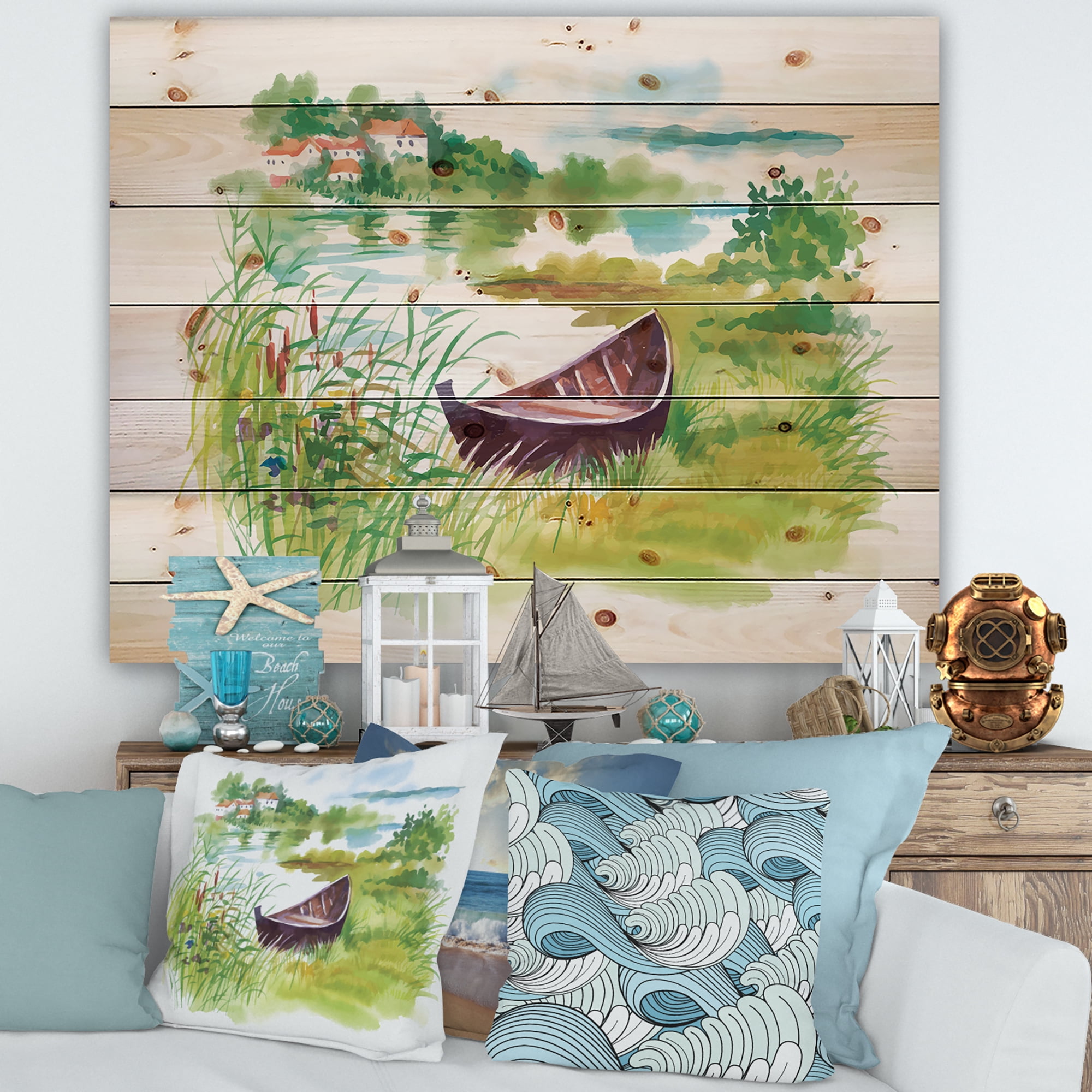 Designart 'Rural Green Landscape With Boat In Lake' Lake House Print on Natural Pine Wood