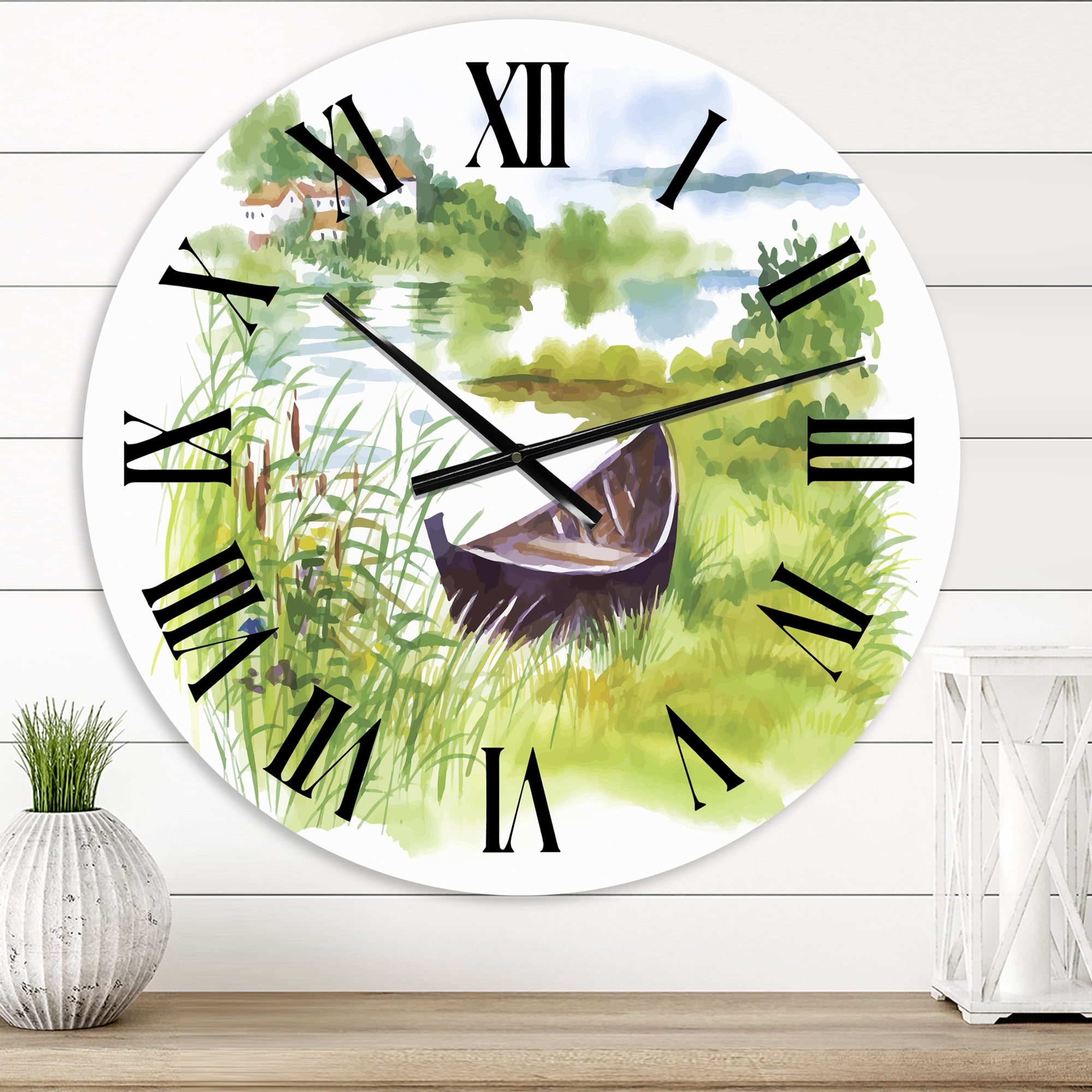 Designart 'Rural Green Landscape With Boat' Lake House Wall Clock