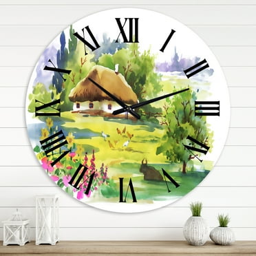 Designart 'Rural House In Blossoming Greenlands' Traditional Wall Clock