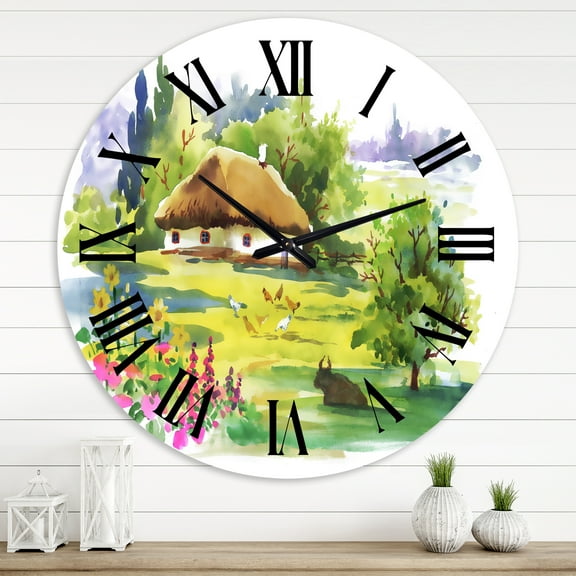 Designart 'Rural House In Blossoming Greenlands' Traditional Wall Clock