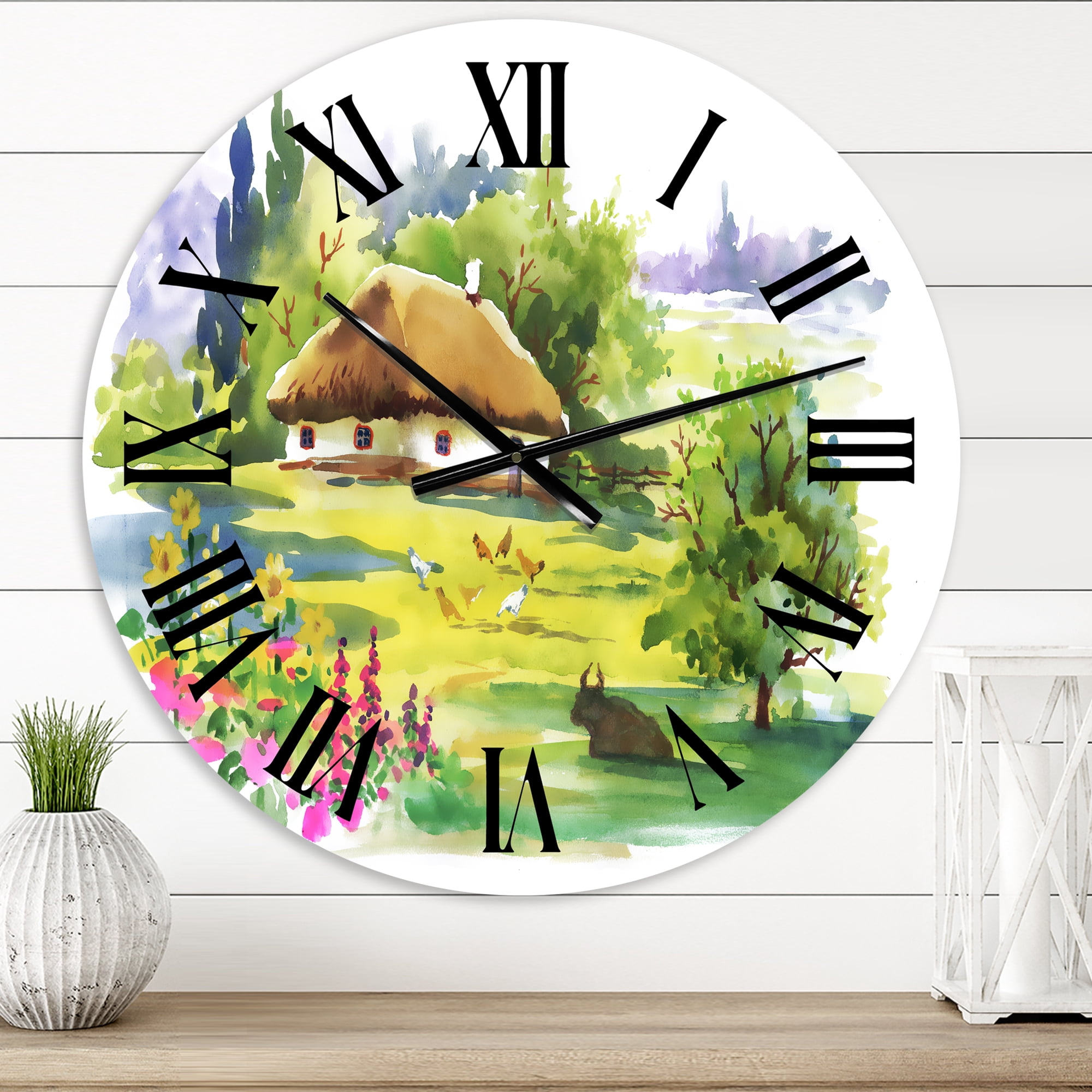 Designart 'Rural House In Blossoming Greenlands' Traditional Wall Clock
