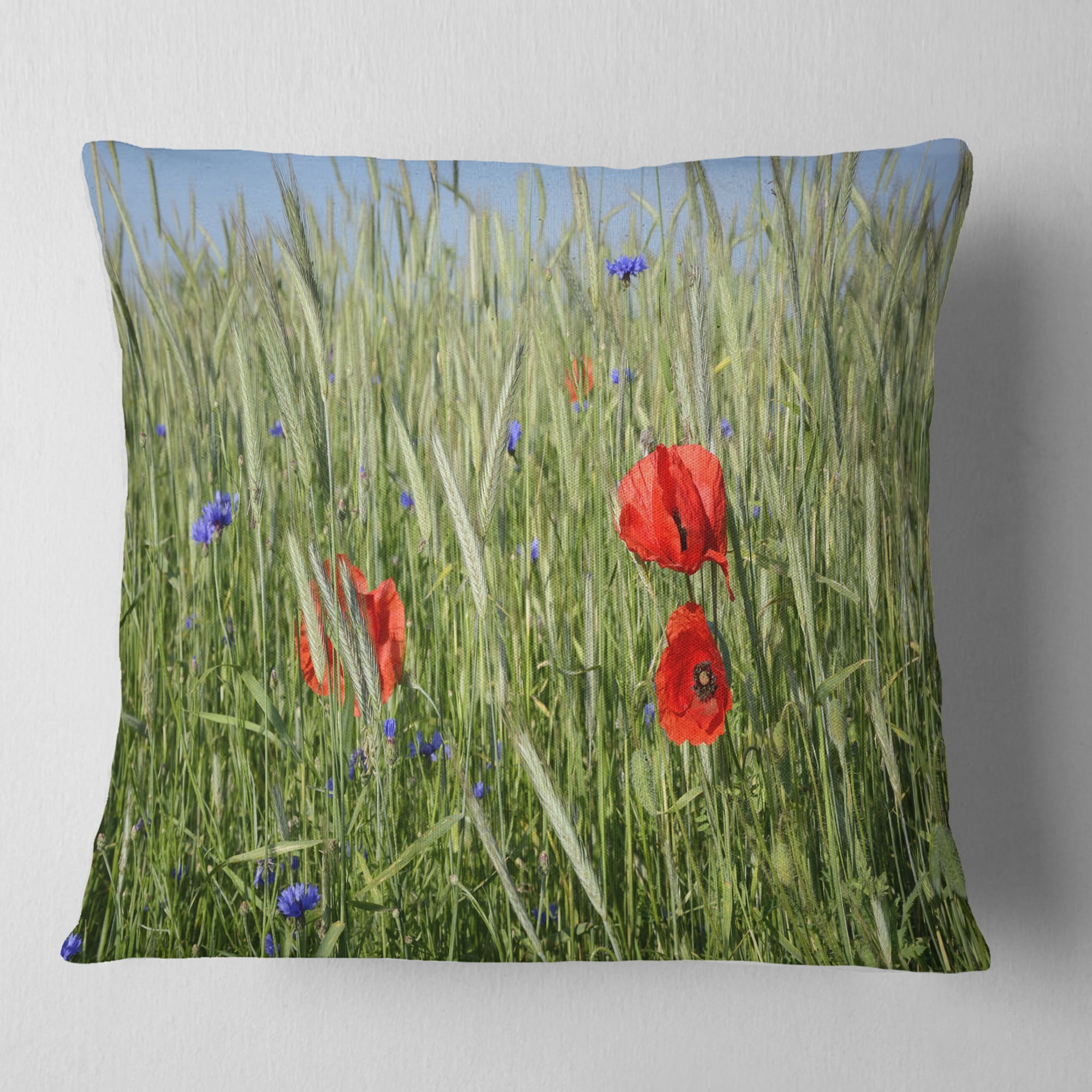 Designart Rural Landscape with Red Poppies - Landscape Printed Throw Pillow - 16x16
