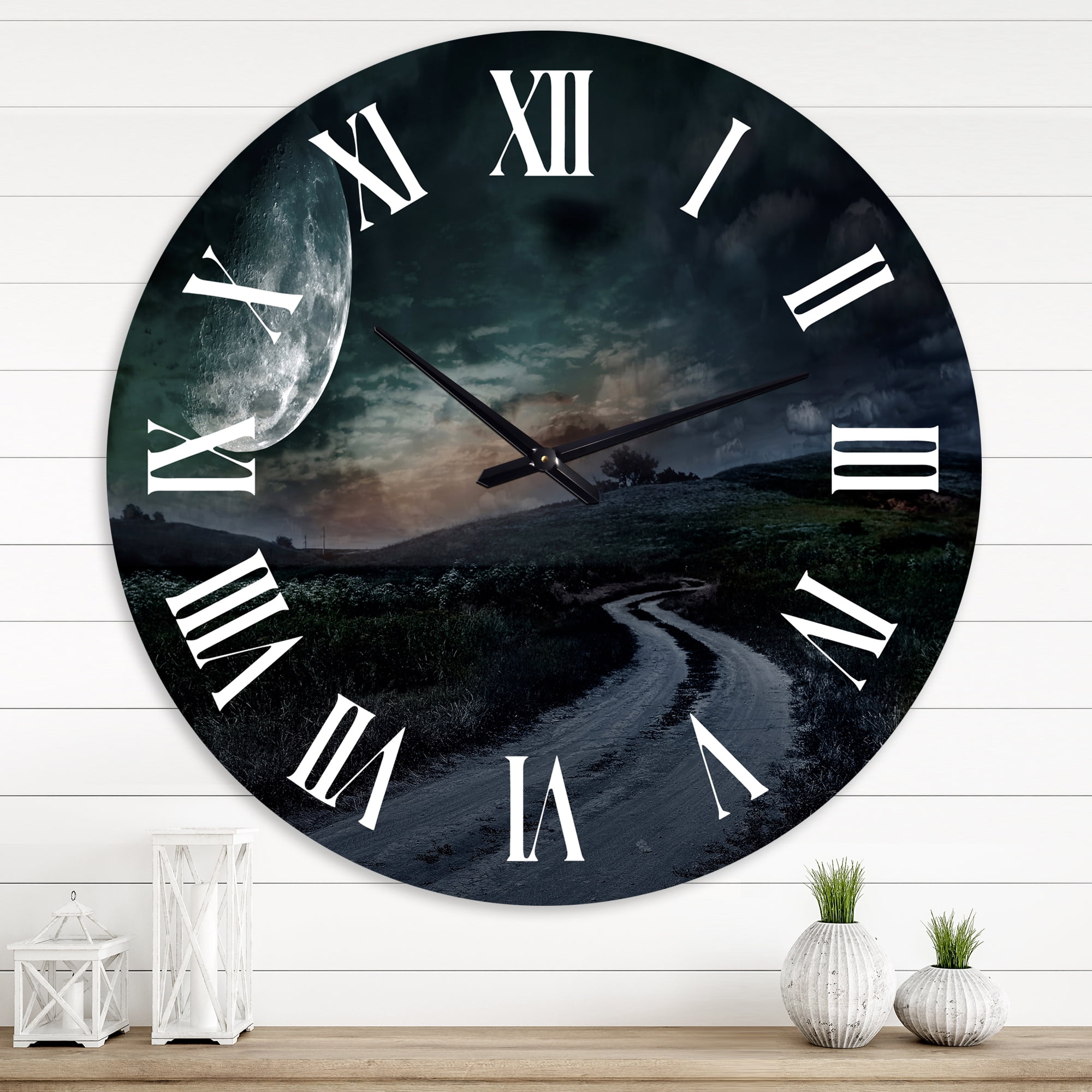 Designart 'Rural Road Through The Meadow Under Full Moon' Nautical & Coastal Wall Clock
