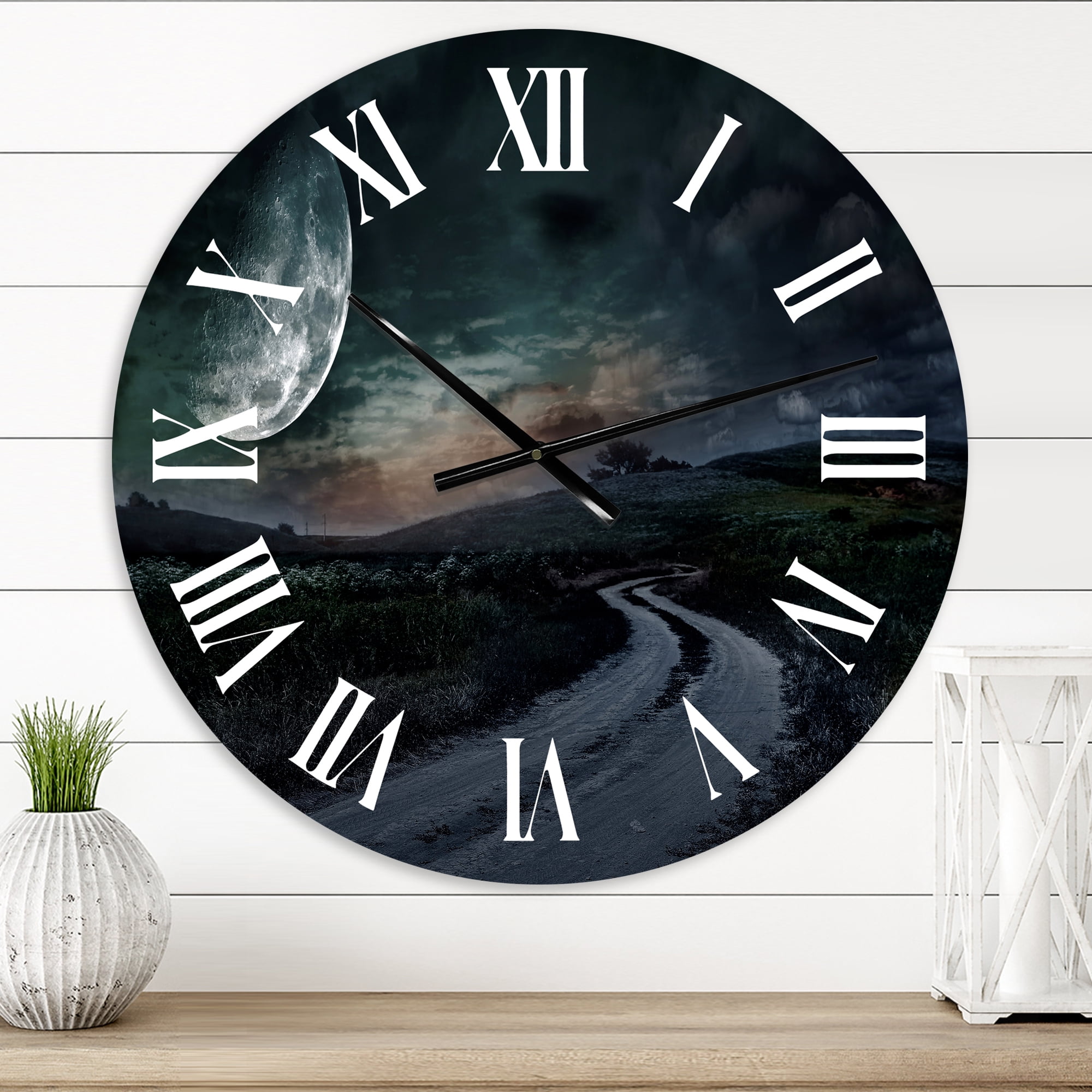Designart 'Rural Road Through The Meadow Under Full Moon' Nautical & Coastal Wall Clock