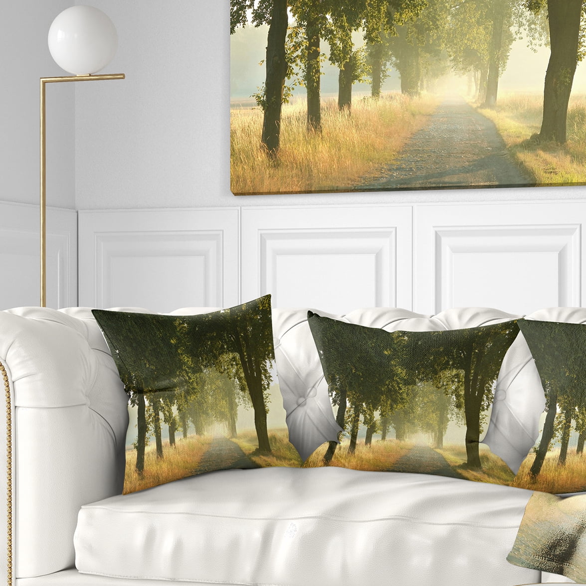 Designart Rural Road Under Big Green Trees - Landscape Photography Throw Pillow - 18x18