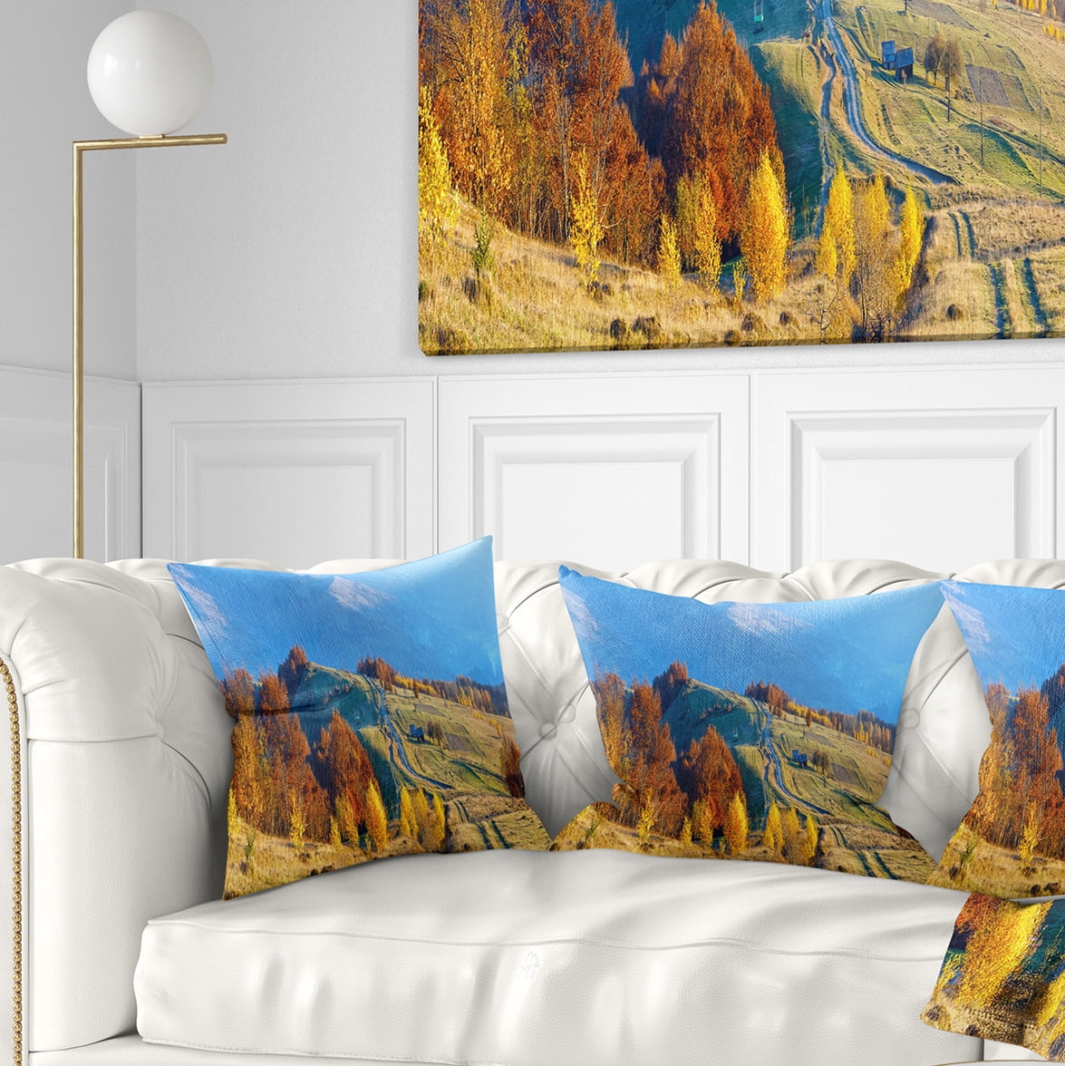 Designart Rural Road on Autumn Mountains - Landscape Printed Throw Pillow - 16x16