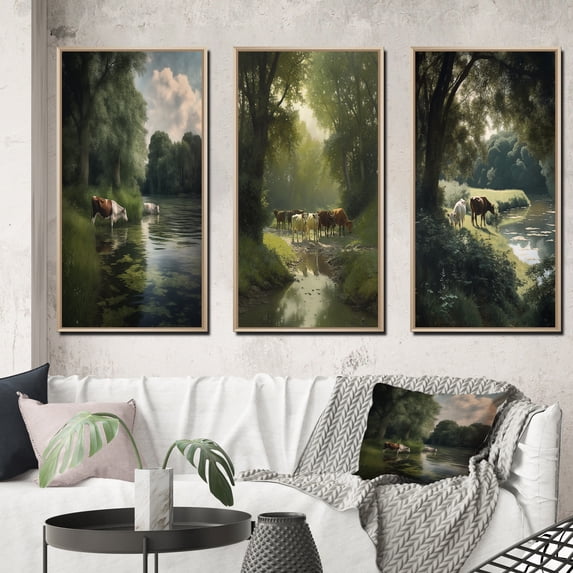 Designart "Rural Scene Cows Walking Near a Lake I" Animals Cow Framed Wall Art Set Of 3 - Green Cow Frame Gallery Wall Set For Home Decor