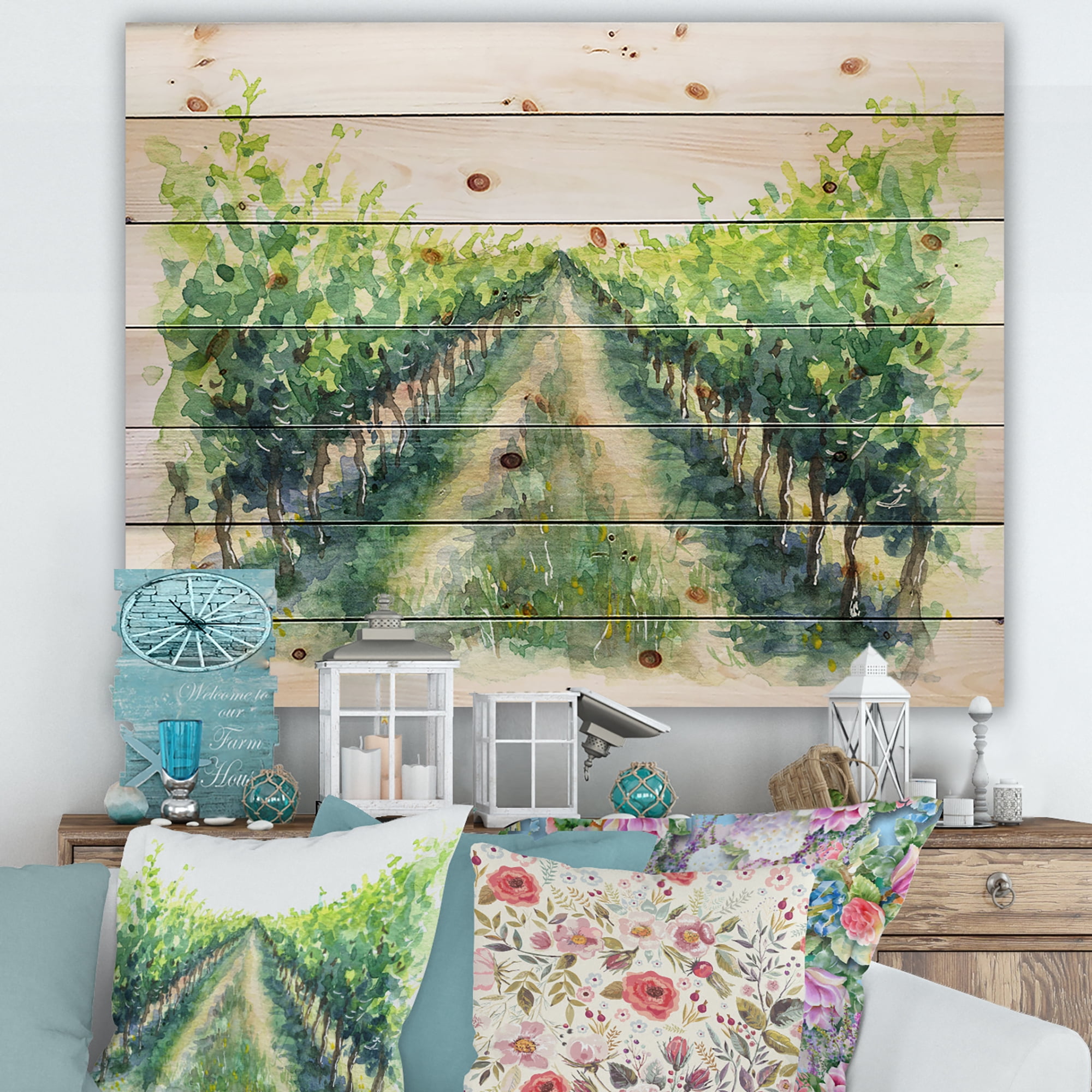 Designart 'Rural Scene Vineyard Path' Traditional Print on Natural Pine Wood