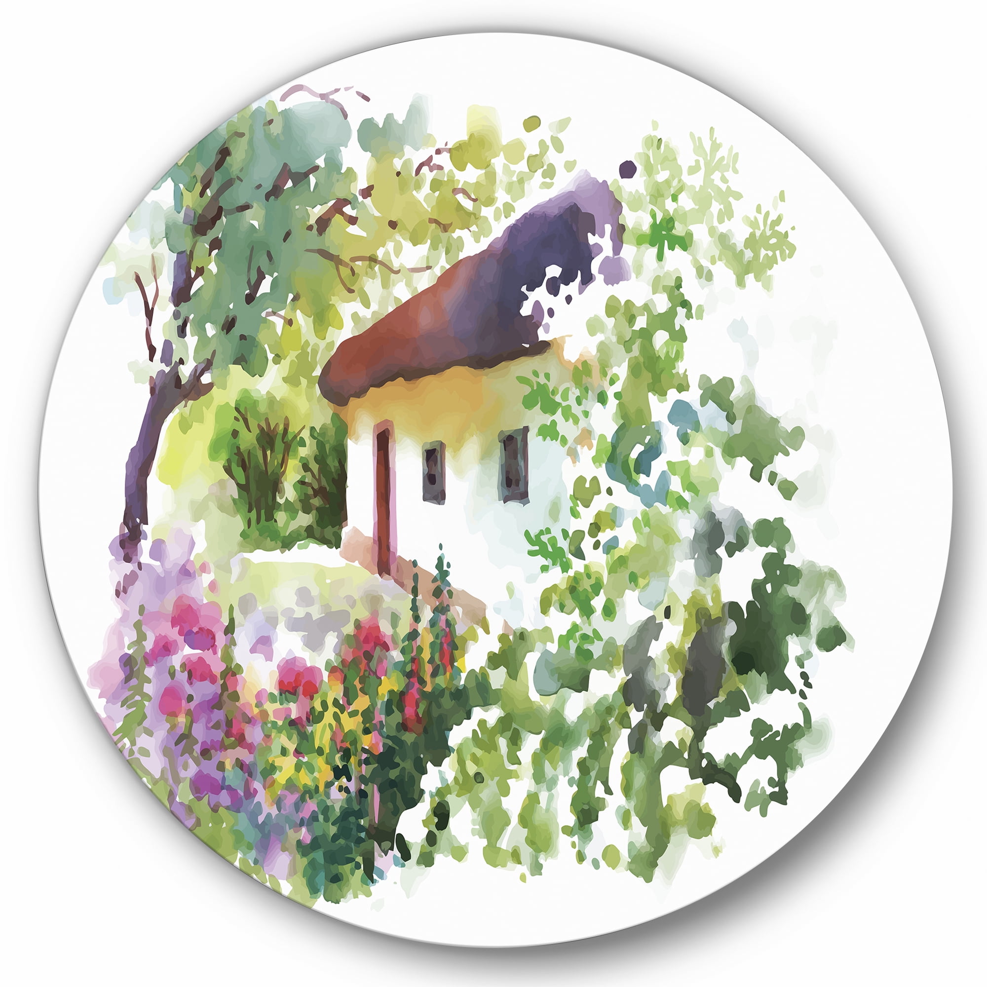 Designart 'Rural Village House On A Green Summer Day' Traditional Circle Metal Wall Art 23x23 - Disc of 23