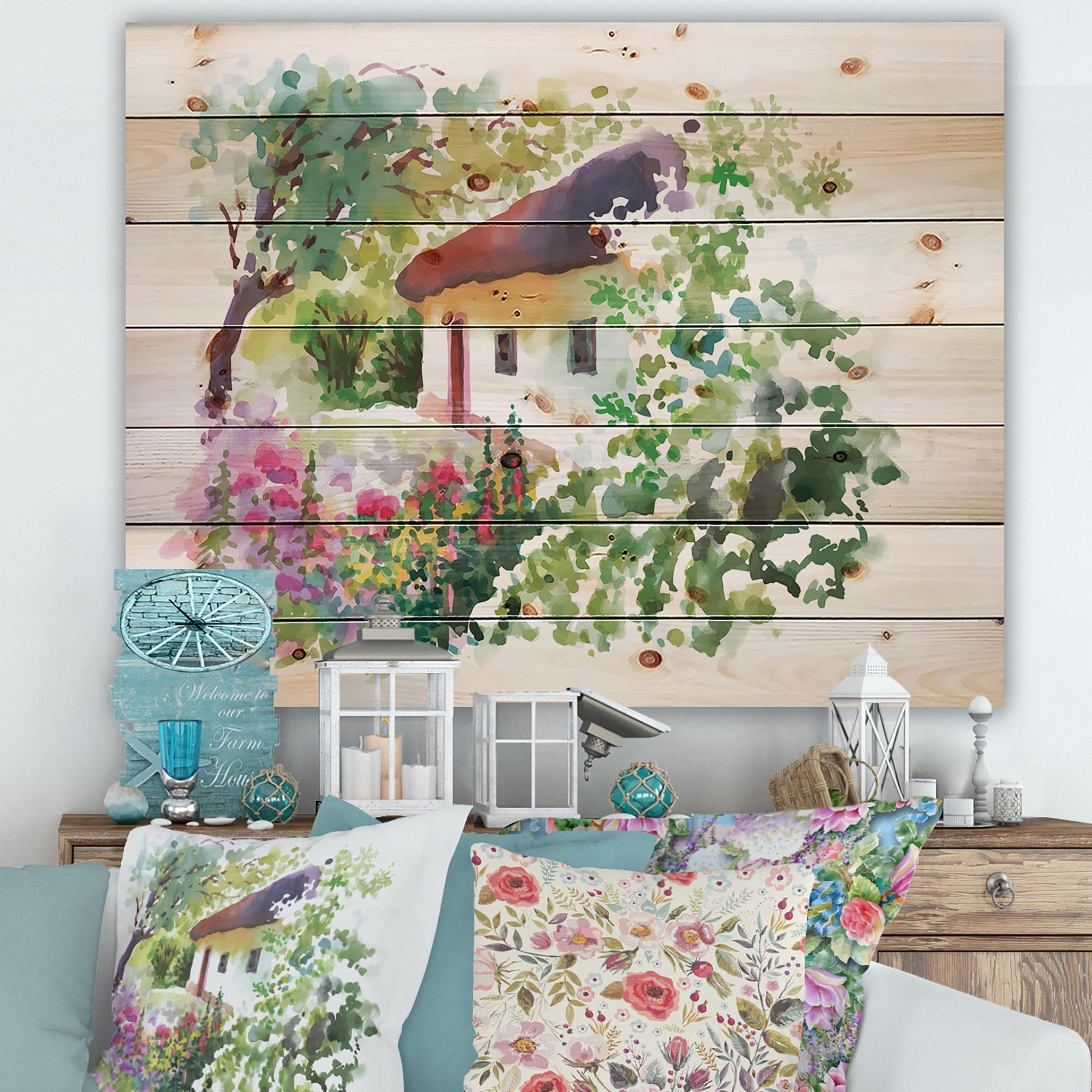 Designart 'Rural Village House On A Green Summer Day' Traditional Print on Natural Pine Wood