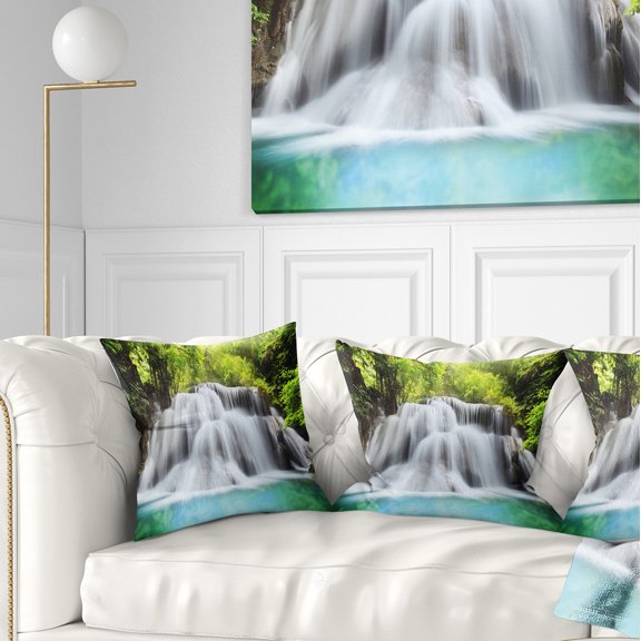 Designart Rushing Huai Mae Kamin Waterfall - Landscape Photography Throw Pillow - 16x16