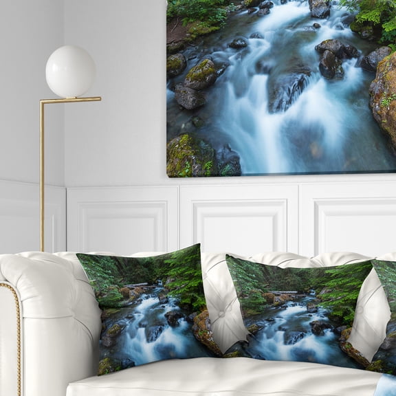Designart Rushing Water in Forest Creek - Landscape Printed Throw Pillow - 16x16