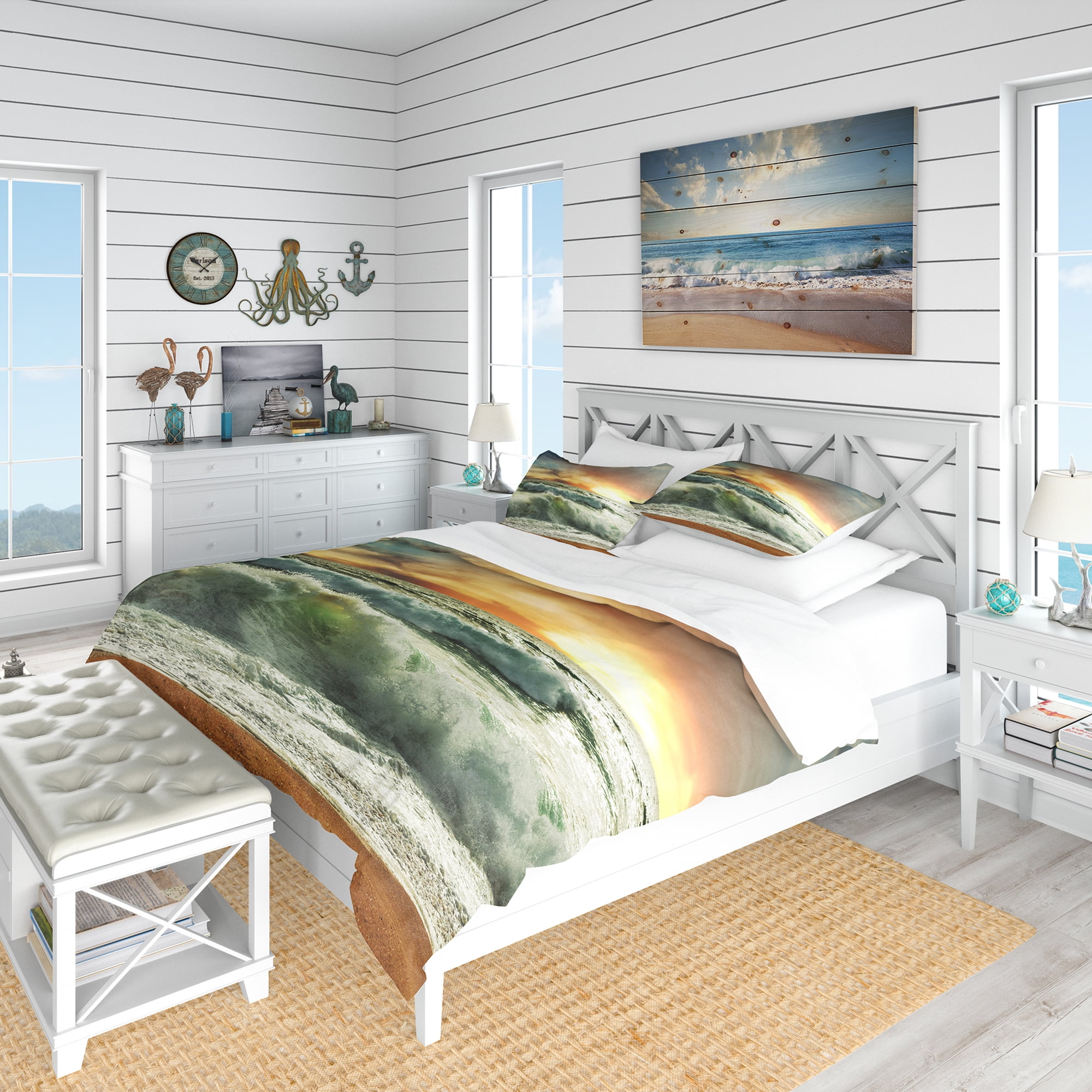 Designart 'Rushing Waves in Evening Beach' Coastal Duvet Cover Set, image size:2000x2000