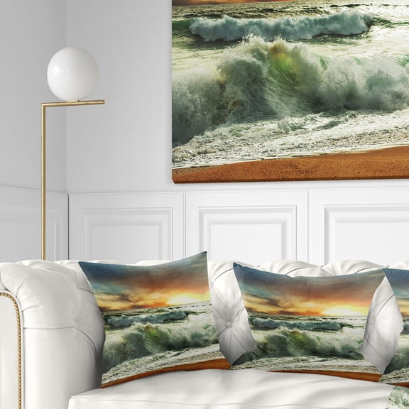 Designart Rushing Waves in Evening Beach - Seashore Throw Pillow - 16x16