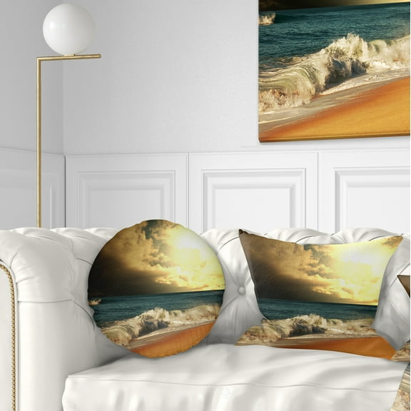 Designart Rushing Waves under Cloudy Sky - Seashore Throw Pillow - 12x20
