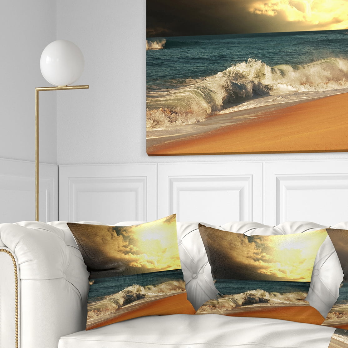 Designart Rushing Waves under Cloudy Sky - Seashore Throw Pillow - 16x16