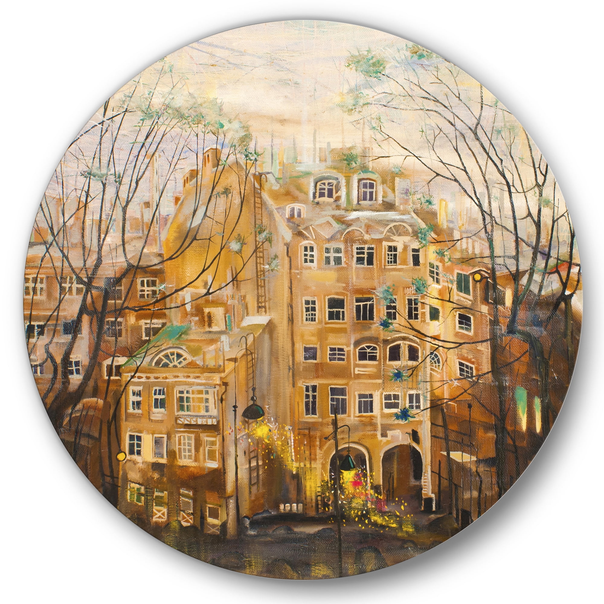 Designart 'Russian City Yard Landscape' Traditional Circle Metal Wall Art 23x23 - Disc of 23