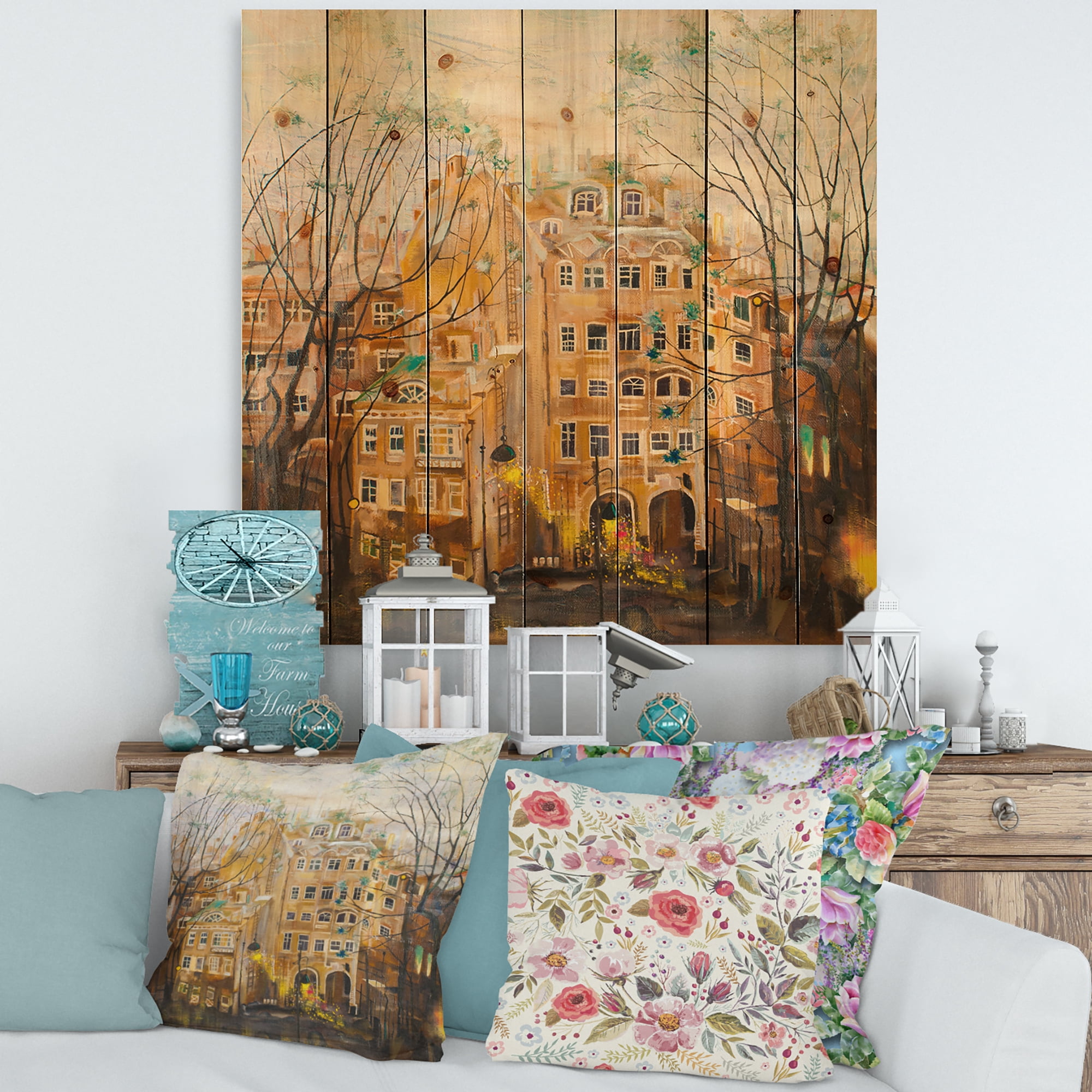 Designart 'Russian City Yard Landscape' Traditional Print on Natural Pine Wood