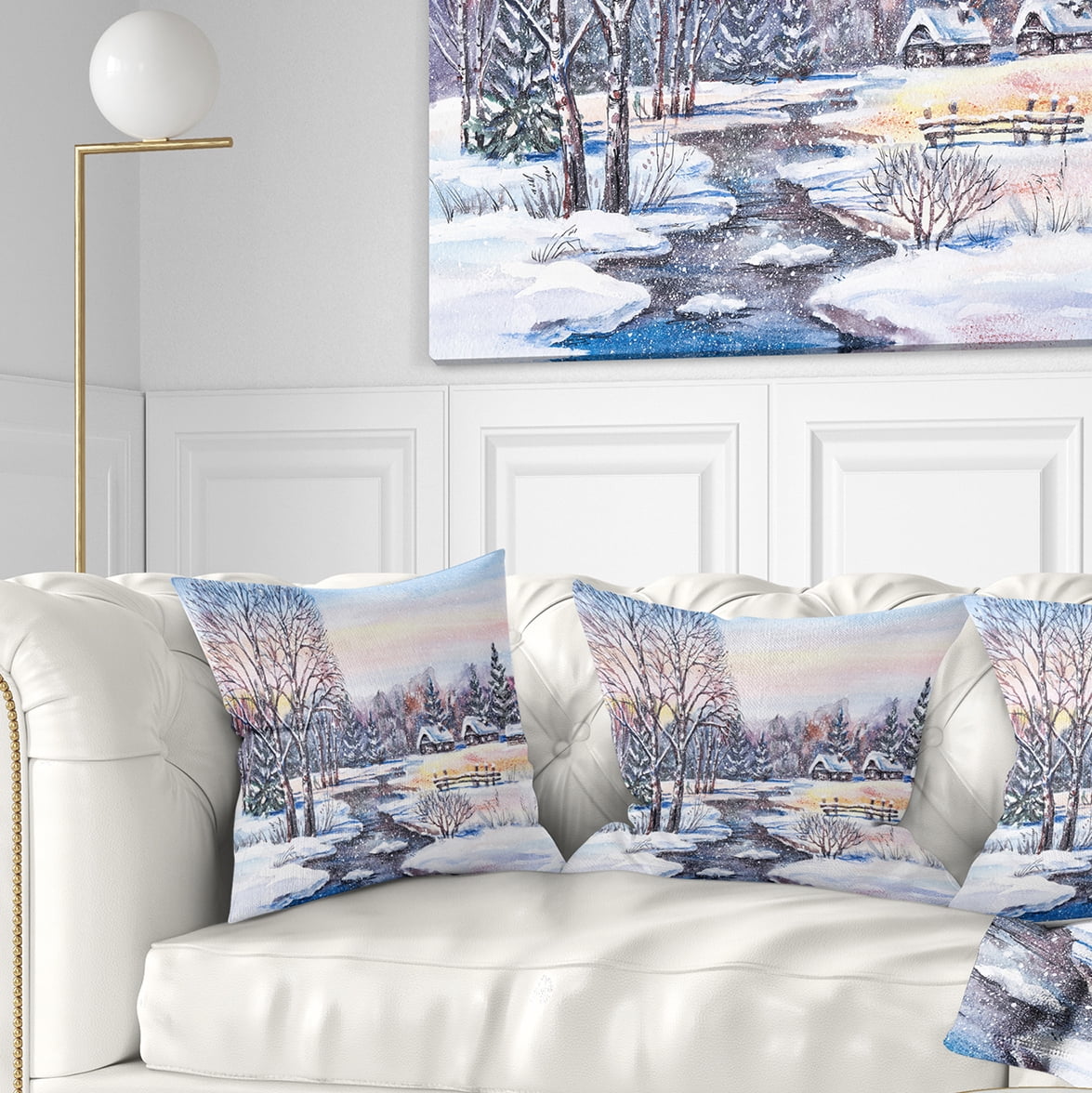 Designart Russian Winter Village - Landscape Photography Throw Pillow - 16x16