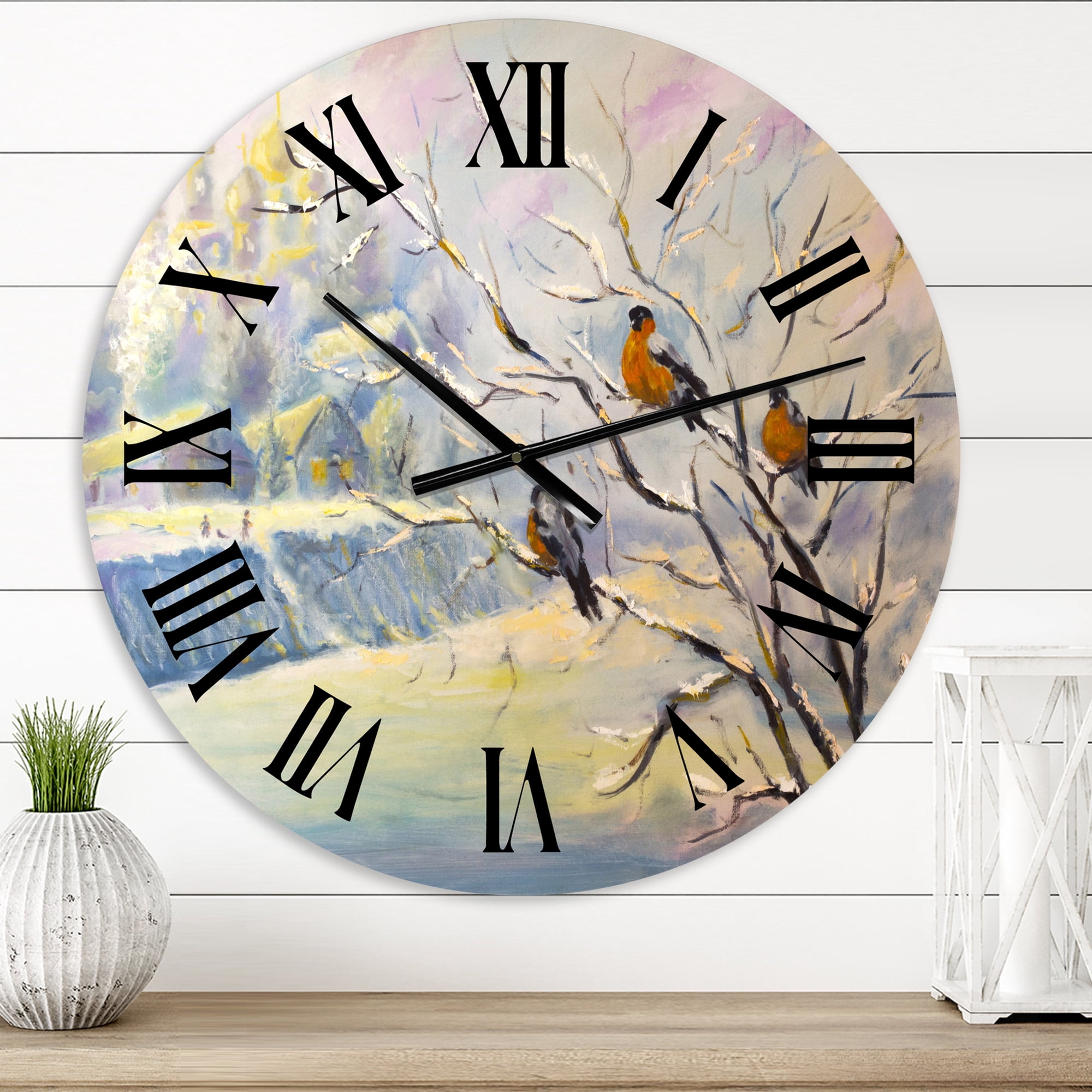 Designart 'Rustic Birds On A Tree In Winter Village' Farmhouse Wall Clock