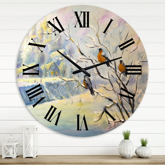 Designart 'Rustic Birds On A Tree In Winter Village' Farmhouse Wall Clock