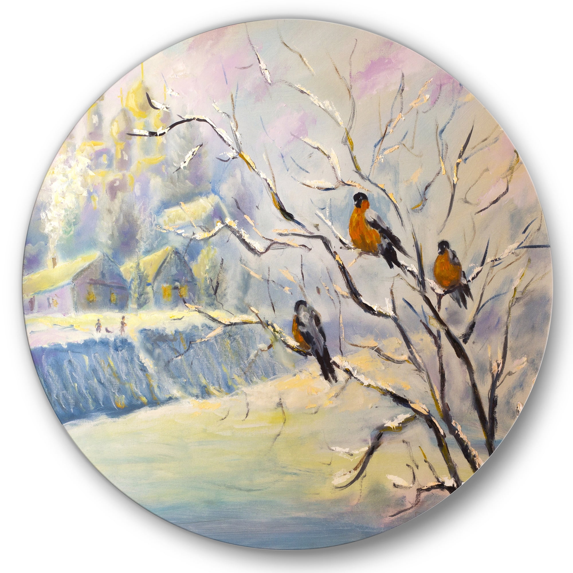 Designart 'Rustic Birds Sitting On A Tree In Winter Village' Farmhouse Circle Metal Wall Art 29x29 - Disc of 29