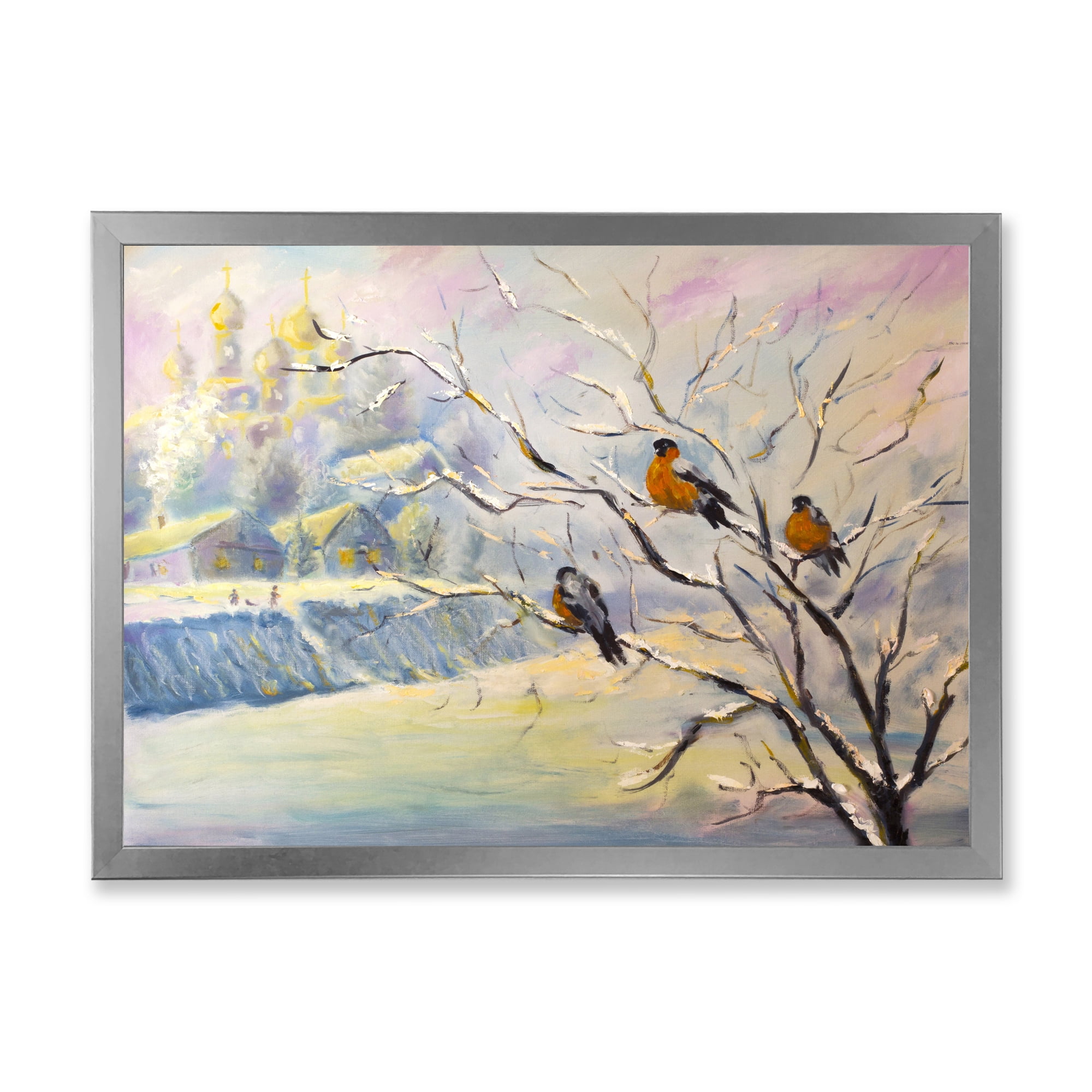Designart 'Rustic Birds Sitting On A Tree In Winter Village' Farmhouse Framed Art Print