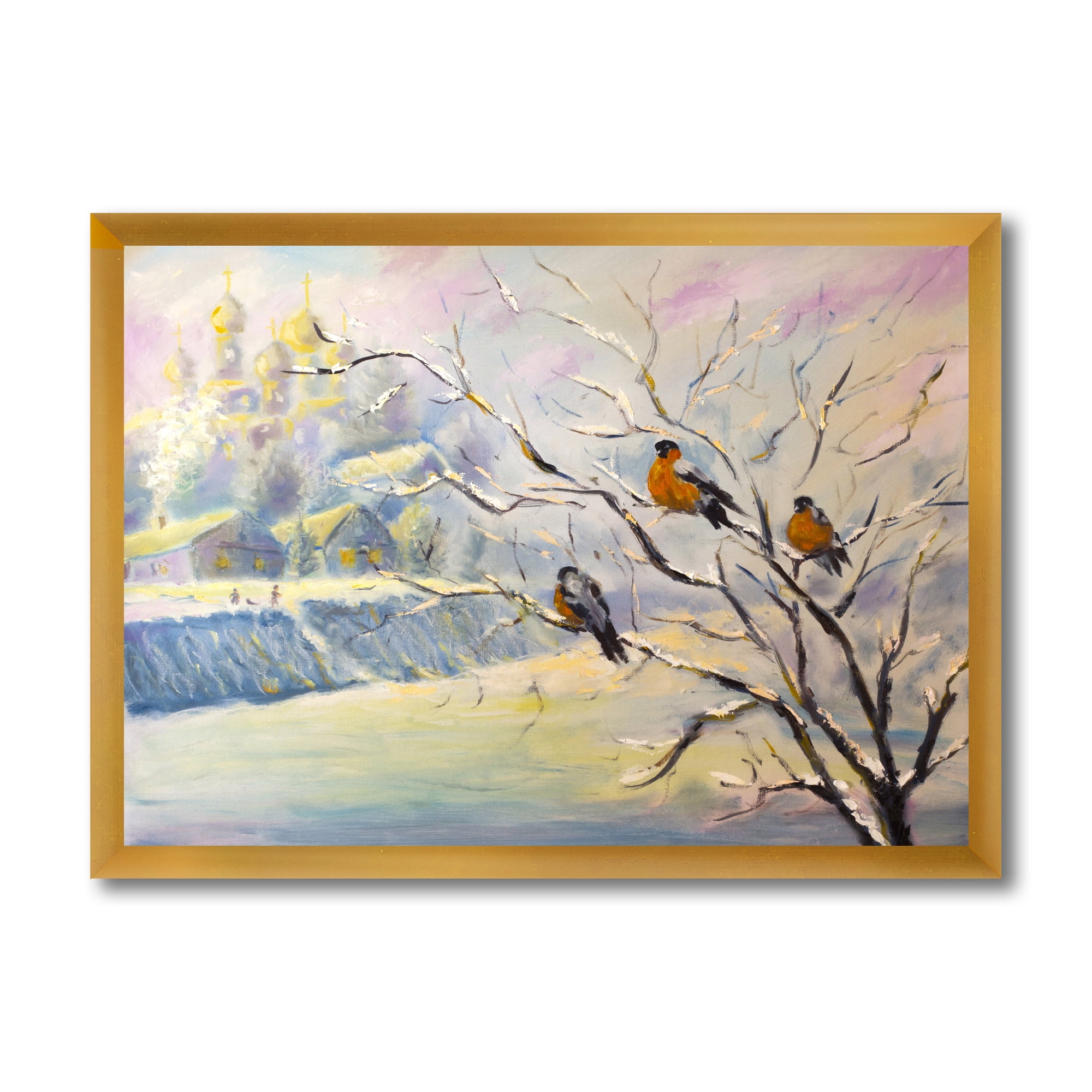 Designart 'Rustic Birds Sitting On A Tree In Winter Village' Farmhouse Framed Art Print
