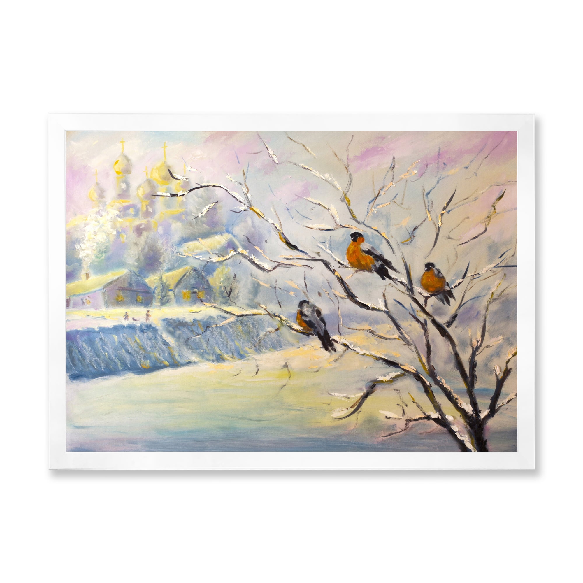 Designart 'Rustic Birds Sitting On A Tree In Winter Village' Farmhouse Framed Art Print