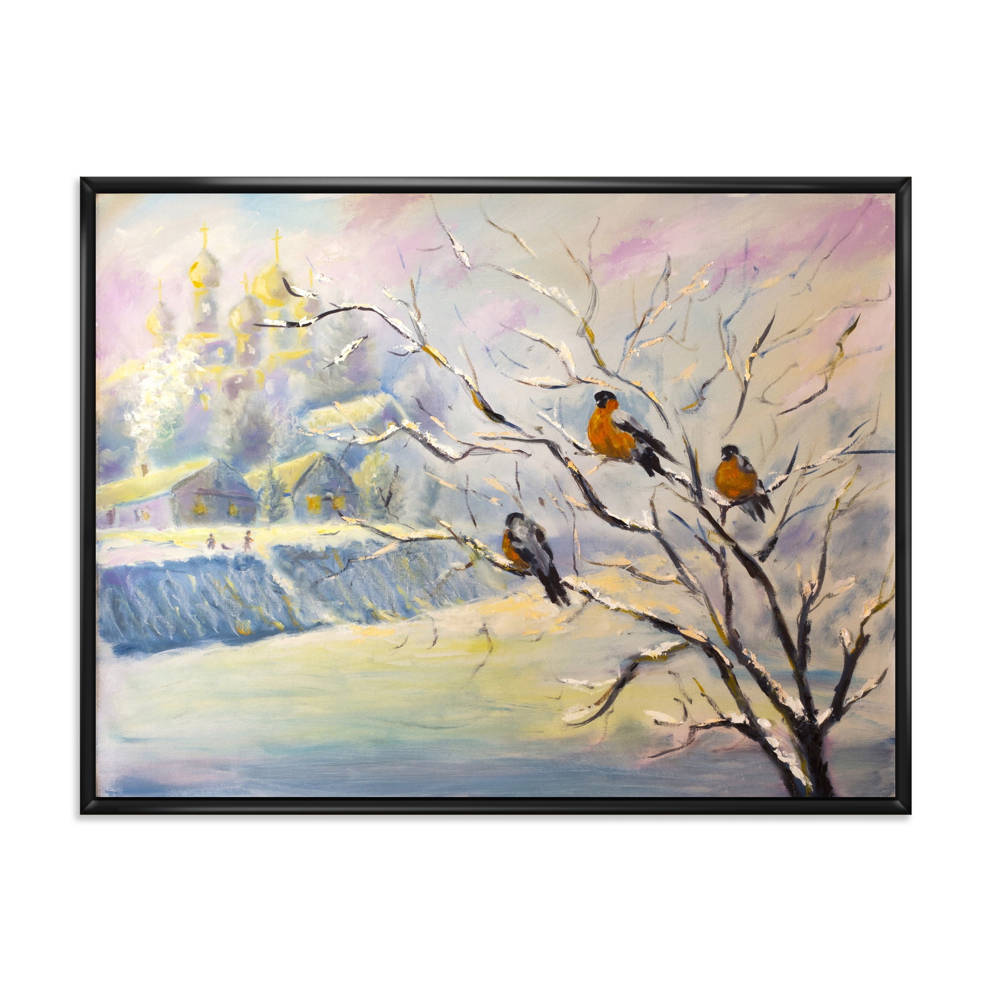 Designart 'Rustic Birds Sitting On A Tree In Winter Village' Farmhouse Framed Canvas Wall Art Print