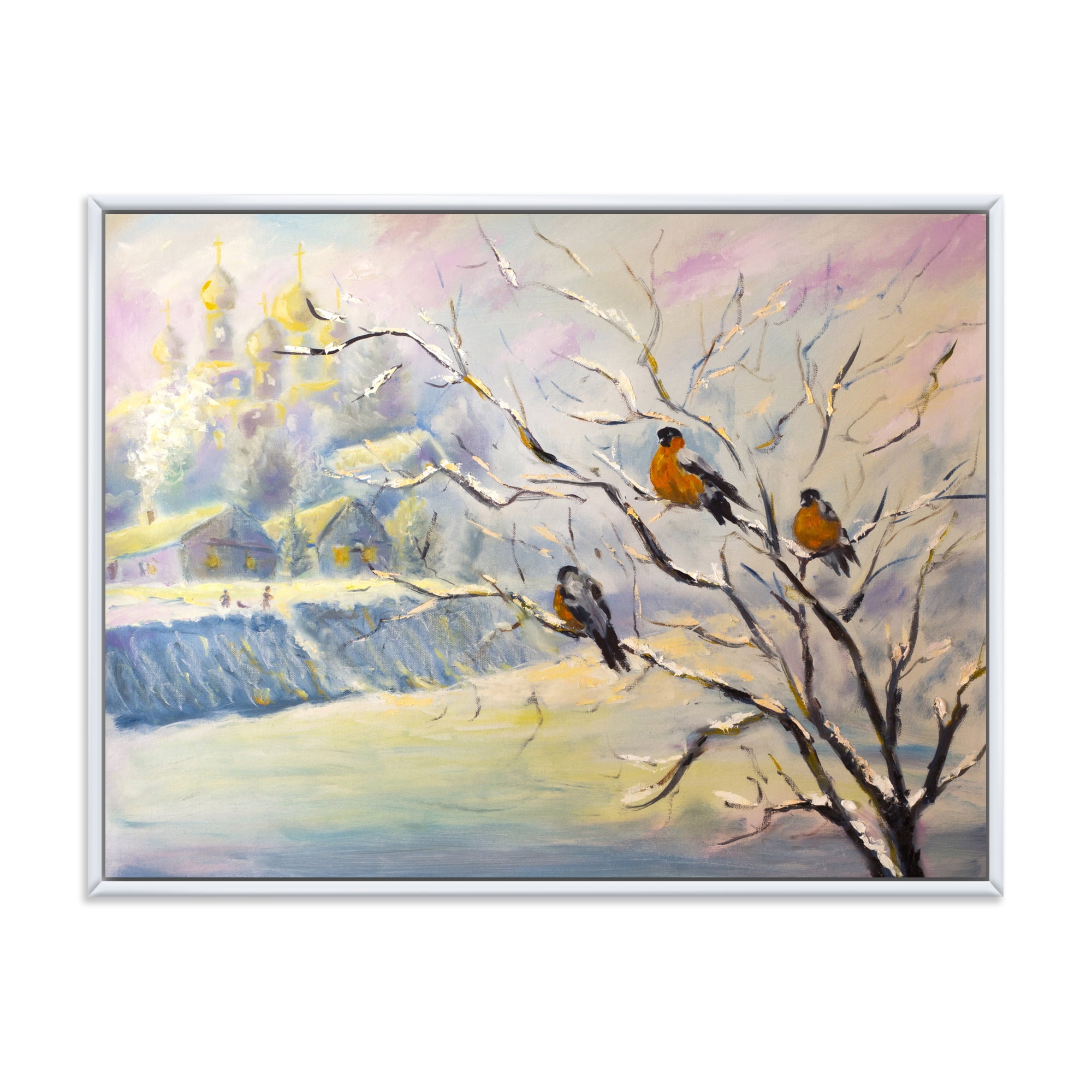 Designart 'Rustic Birds Sitting On A Tree In Winter Village' Farmhouse Framed Canvas Wall Art Print