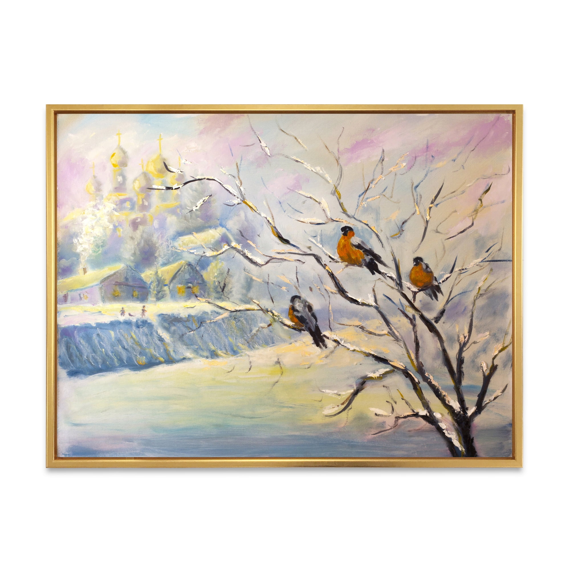 Designart 'Rustic Birds Sitting On A Tree In Winter Village' Farmhouse Framed Canvas Wall Art Print