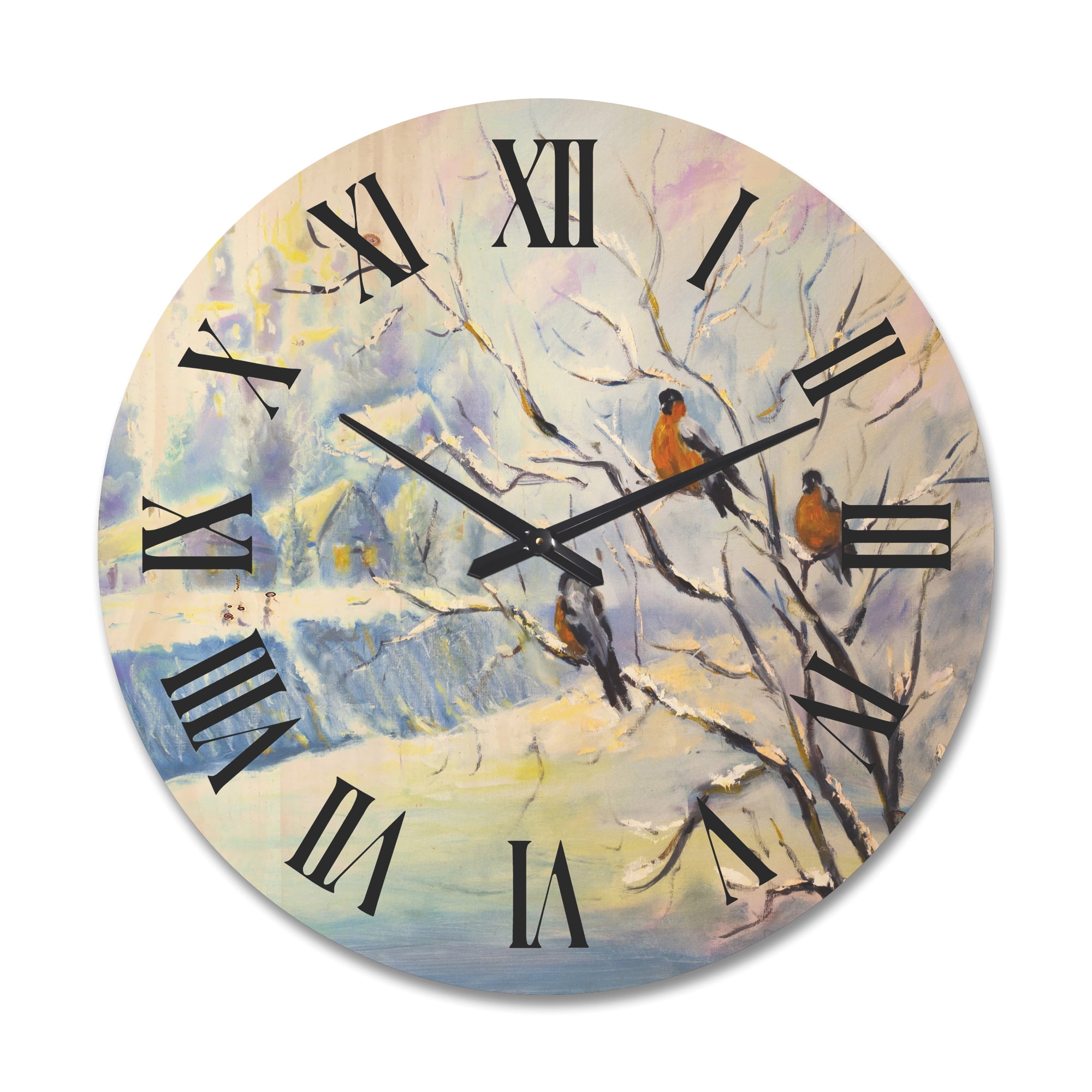 Designart 'Rustic Birds Sitting On A Tree In Winter Village' Farmhouse Wood Wall Clock