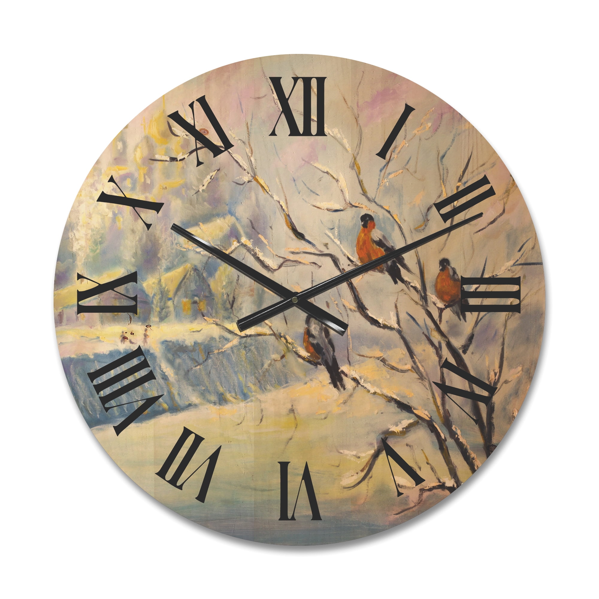 Designart 'Rustic Birds Sitting On A Tree In Winter Village' Farmhouse Wood Wall Clock