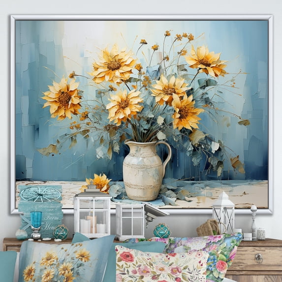 Designart "Rustic Blue Sunflower Display" Sunflowers Floater Framed Canvas Art Print